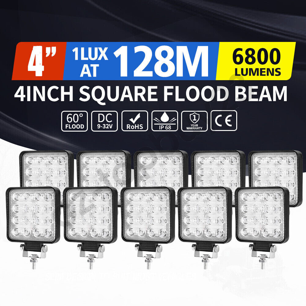 10PCS 180W FLOOD LED Work Lights 12V Boat Camping Square 4inch Bar for 4X4 UTV