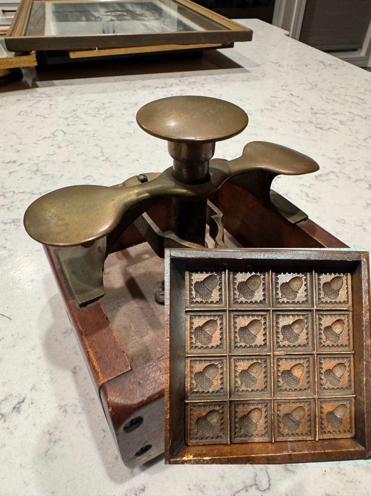 Antique 19th Century Mold Press Brass & Wood- Hand Carved Acorns Repeating Ptrn Antique 19th Century Mold Press Brass & Wood- Hand Carved Acorns Repeating Ptrn
