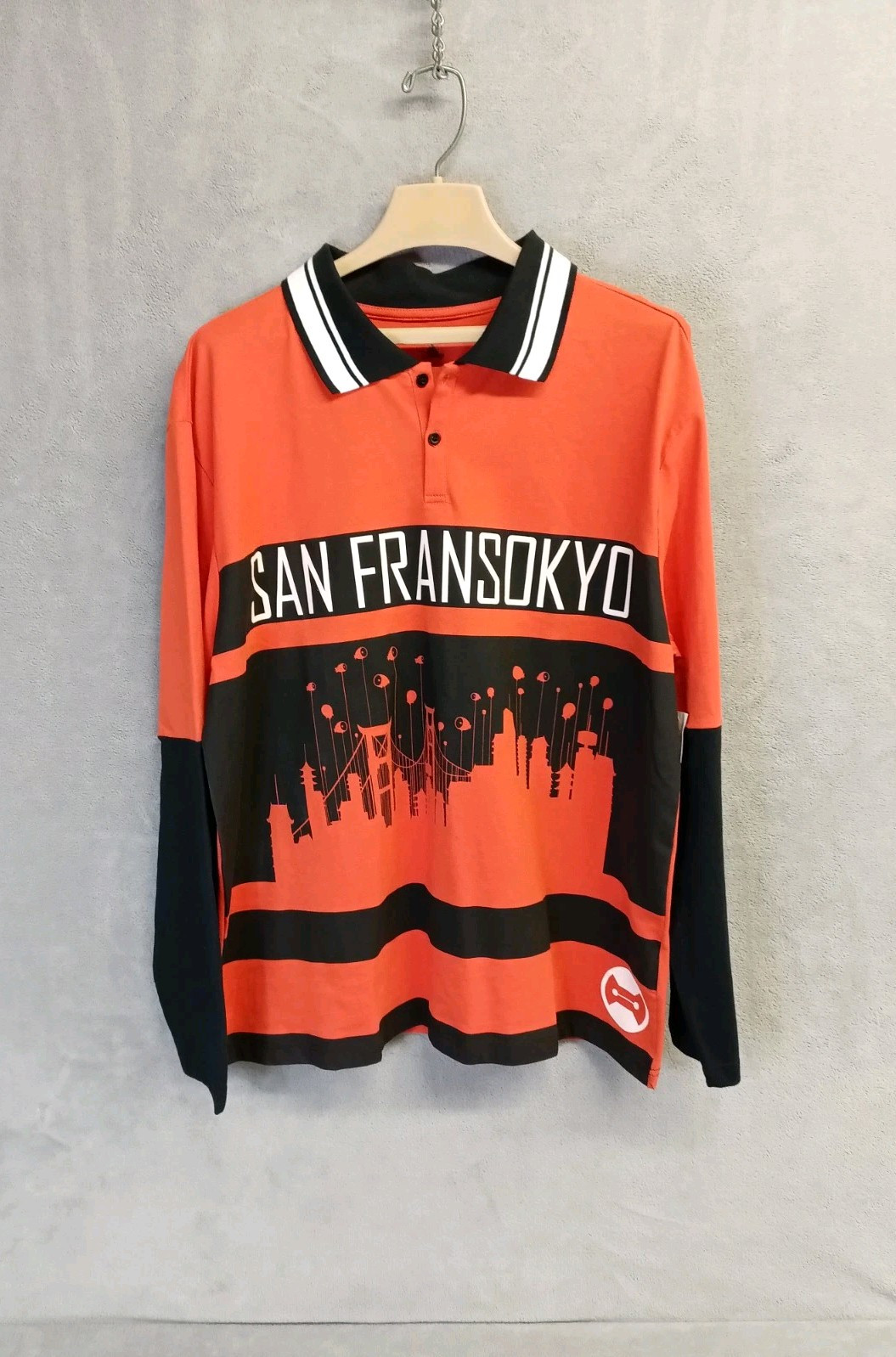 NWT Disneyland Polo Shirt Men\'s Large Long Sleeve Orange Black San Fransokyo NWT Disneyland Polo Shirt Men\'s Large Long Sleeve Orange Black San Fransokyo