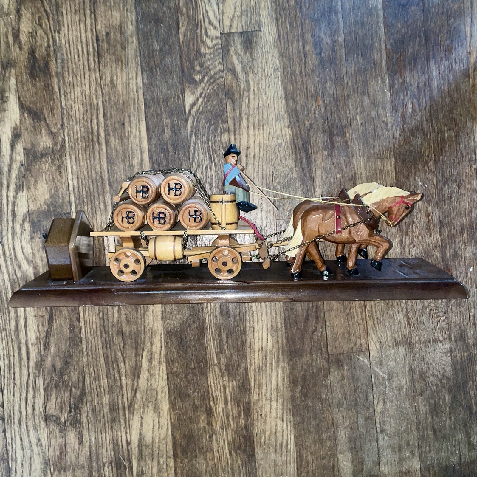 Vintage German Hand-Carved Wooden Hofbräuhaus (HB) Musical Beer Wagon Display