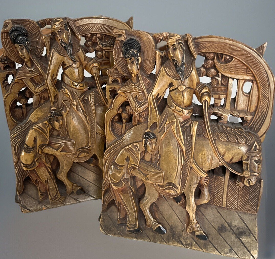 Antique Oriental Hand Carved Wood Bookend Village Scene Folk Art Gold 6 In Antique Oriental Hand Carved Wood Bookend Village Scene Folk Art Gold 6 In