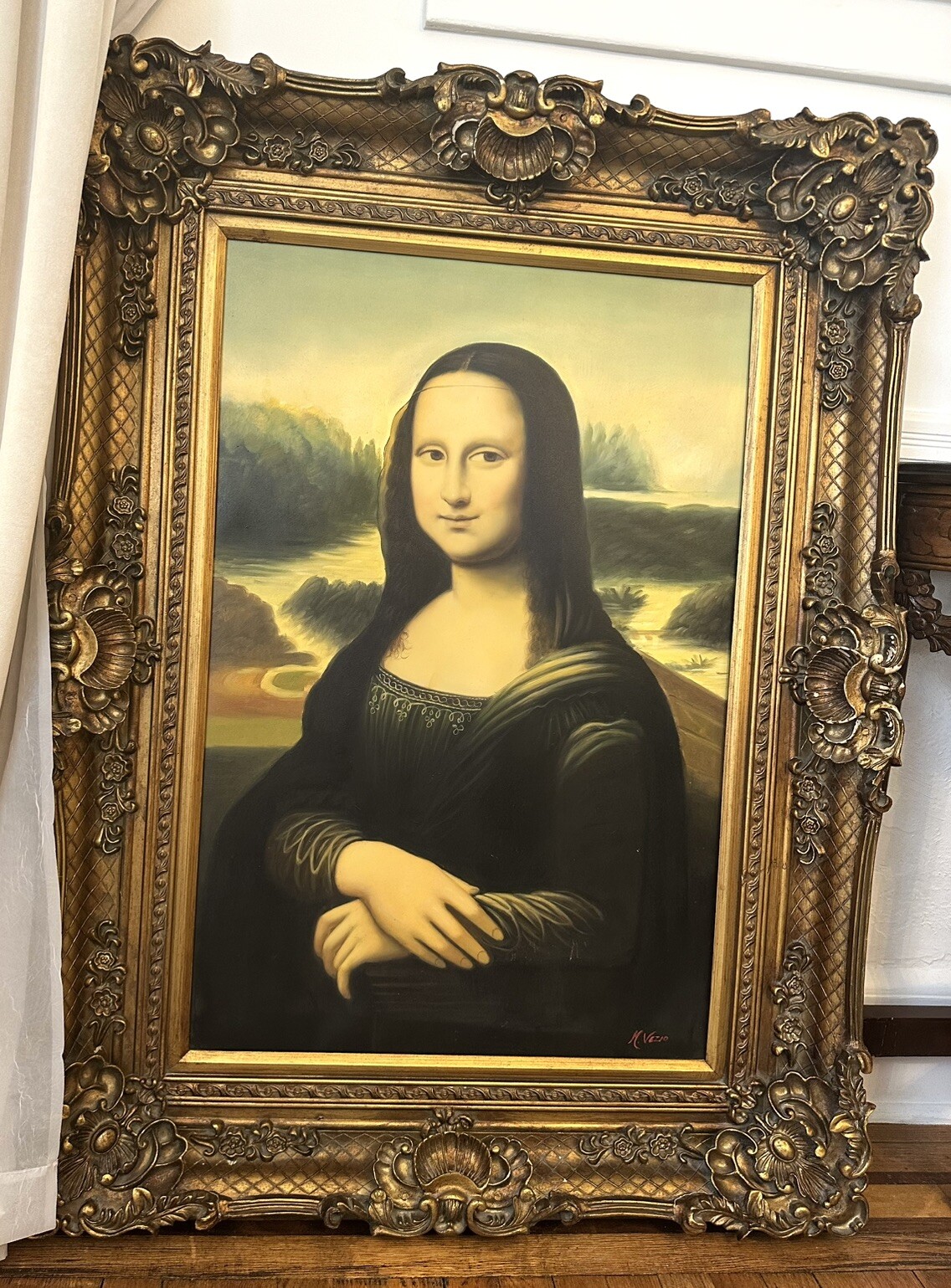 XL Vintage Mona Lisa Signed Oil Painting Ornate Gold Frame, 49” Antique Style