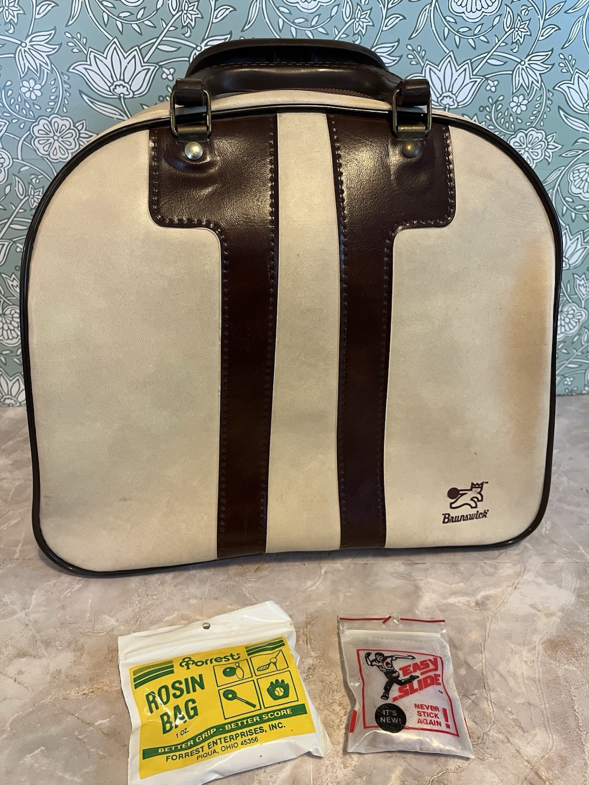 Vintage Brunswick Bowling Ball Bag Retro Striped Cream Brown Tan 1970-80s