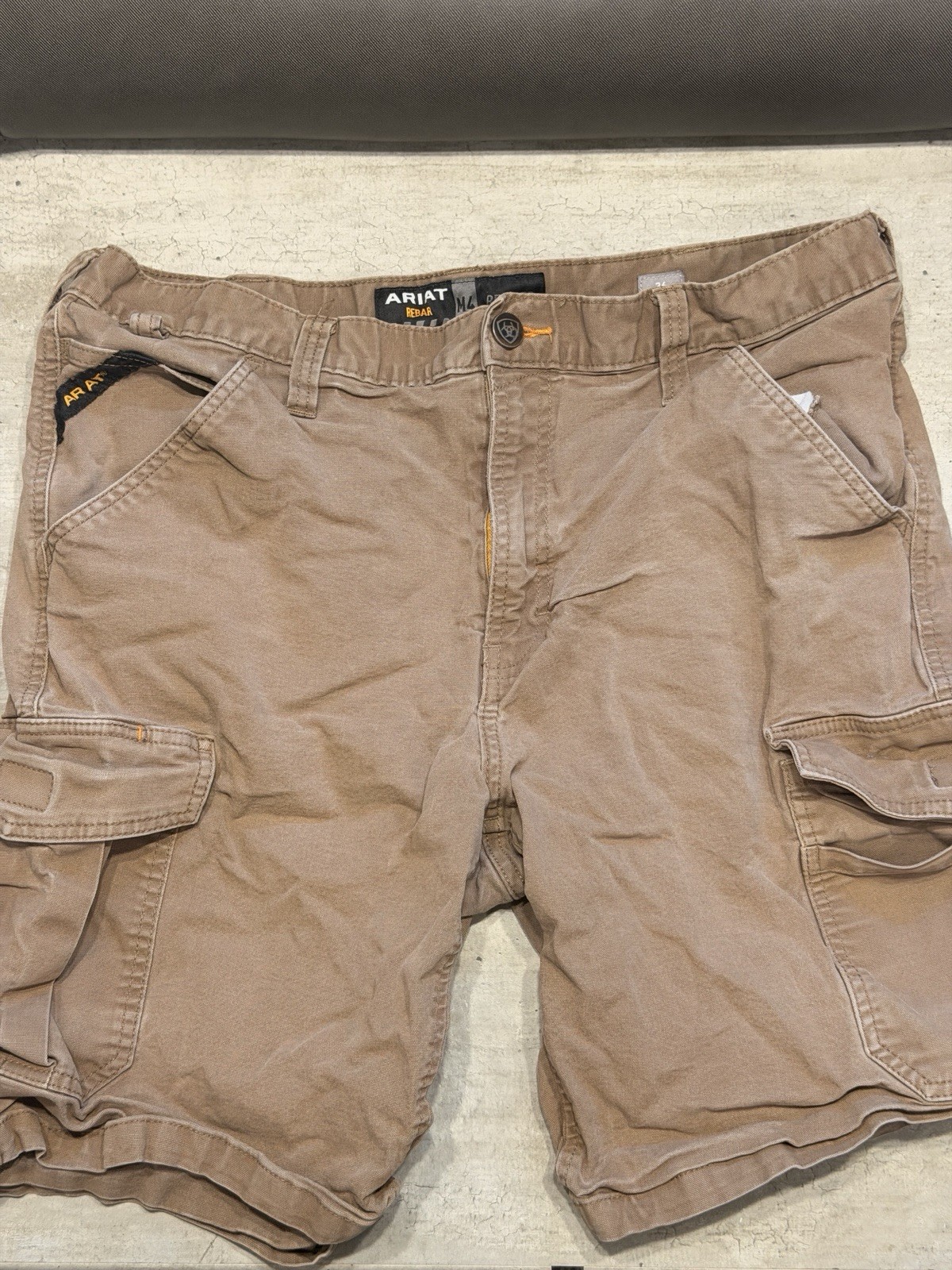 Ariat Rebar Men\'s Relaxed Cargo Shorts Brown Cotton Canvas Button Pockets