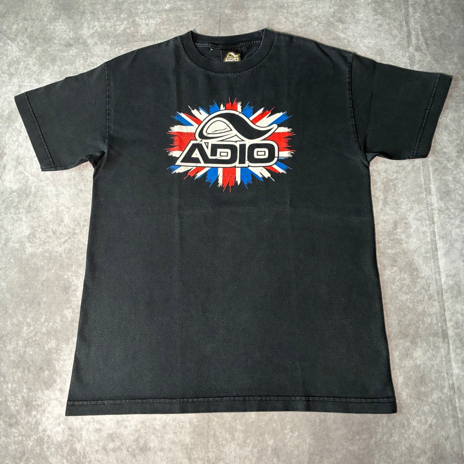 RARE Vintage Adio Footwear Skateboard T-Shirt Mens Large Black Union Jack Logo