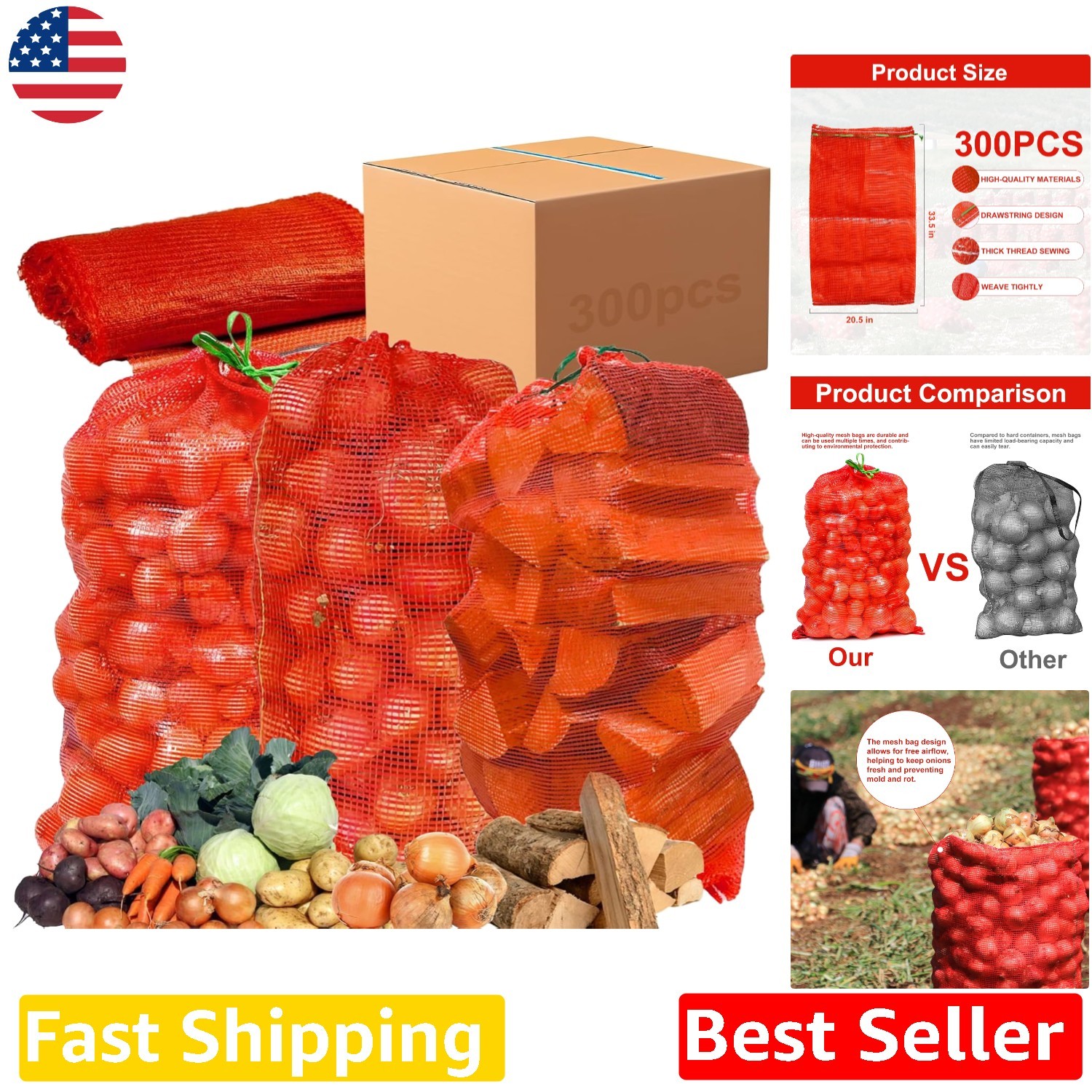 Large 300 Pack Red Mesh Onion Bags 31\