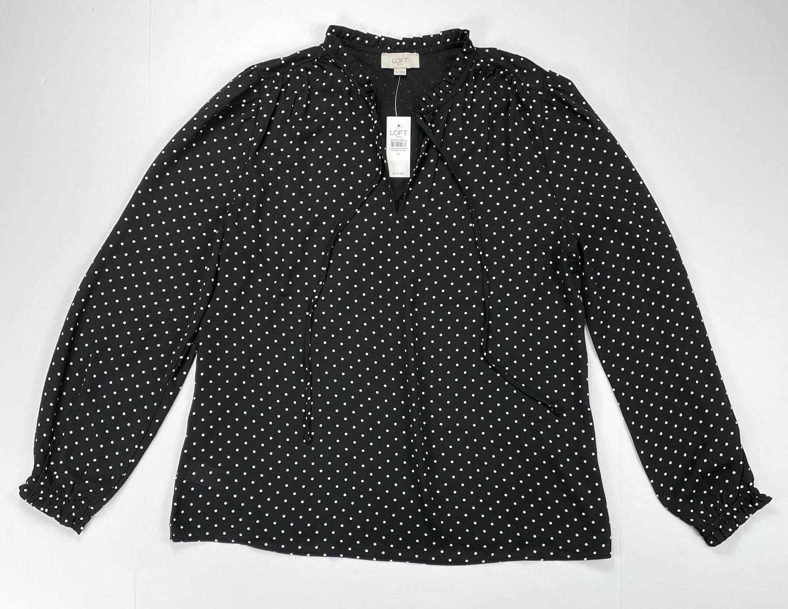 LOFT Black White Polka Dot Blouse M NWT Sheer Ruffle Tie Neck Long Sleeve LOFT Black White Polka Dot Blouse M NWT Sheer Ruffle Tie Neck Long Sleeve