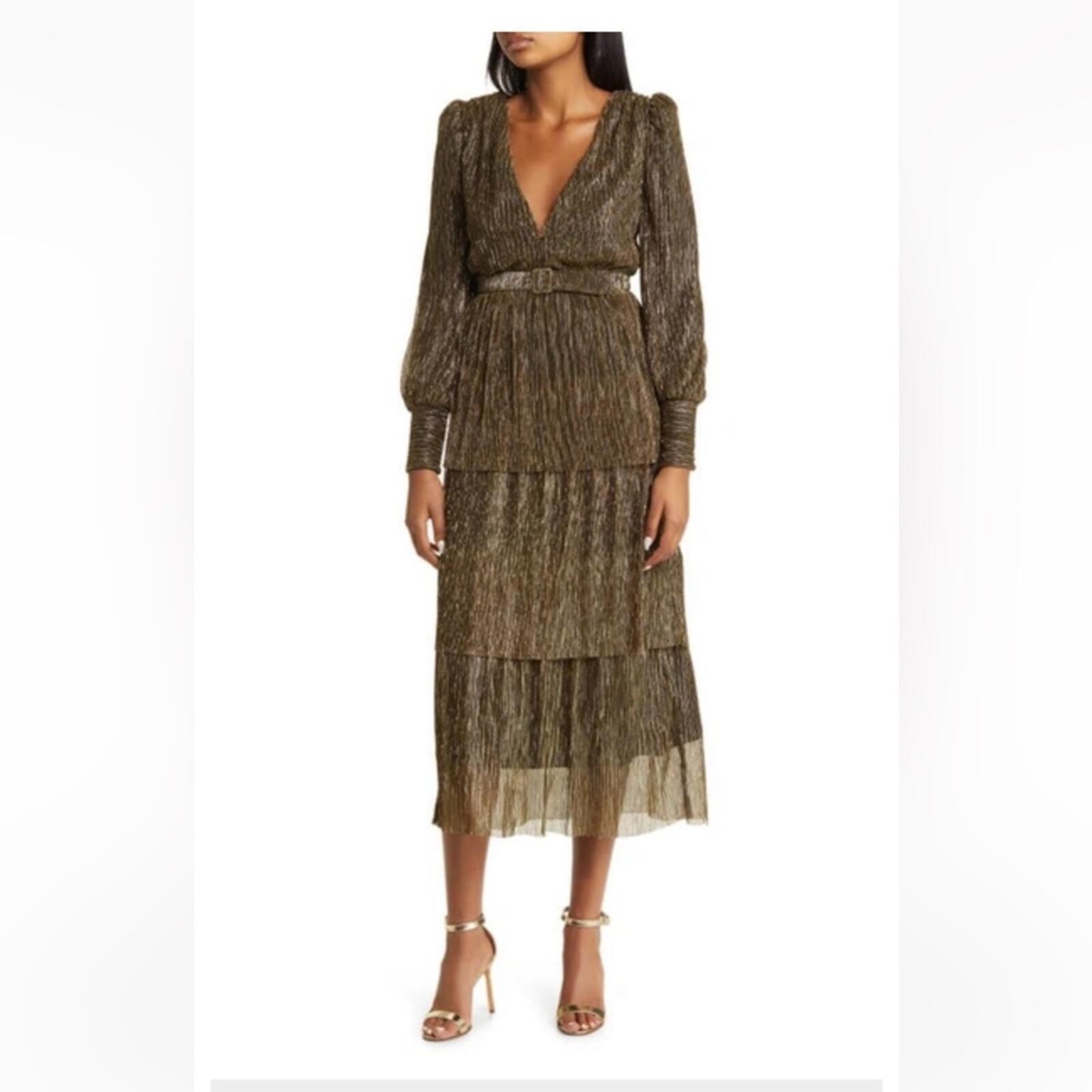 Jewel Badgley Mischka Gold Tiered Modest Midi Evening Dress size 4 Cocktail NWT