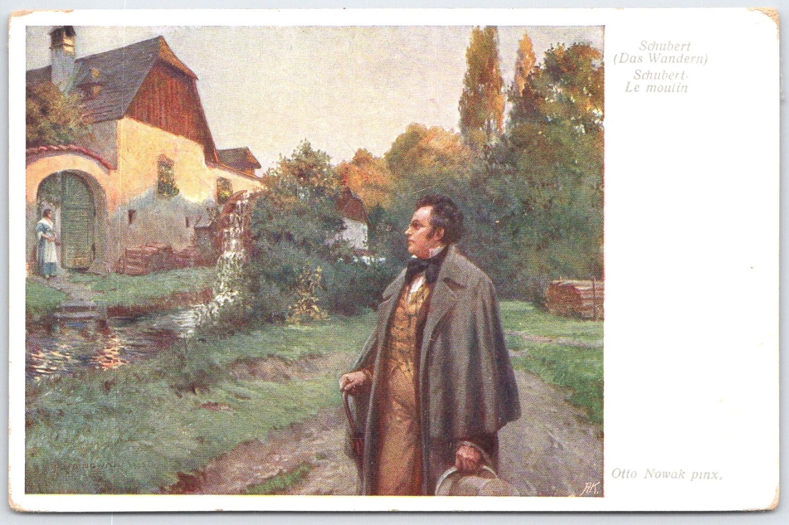 WWI Era Franz Schubert Watermill Art Postcard by Otto Nowak 1916 Posted