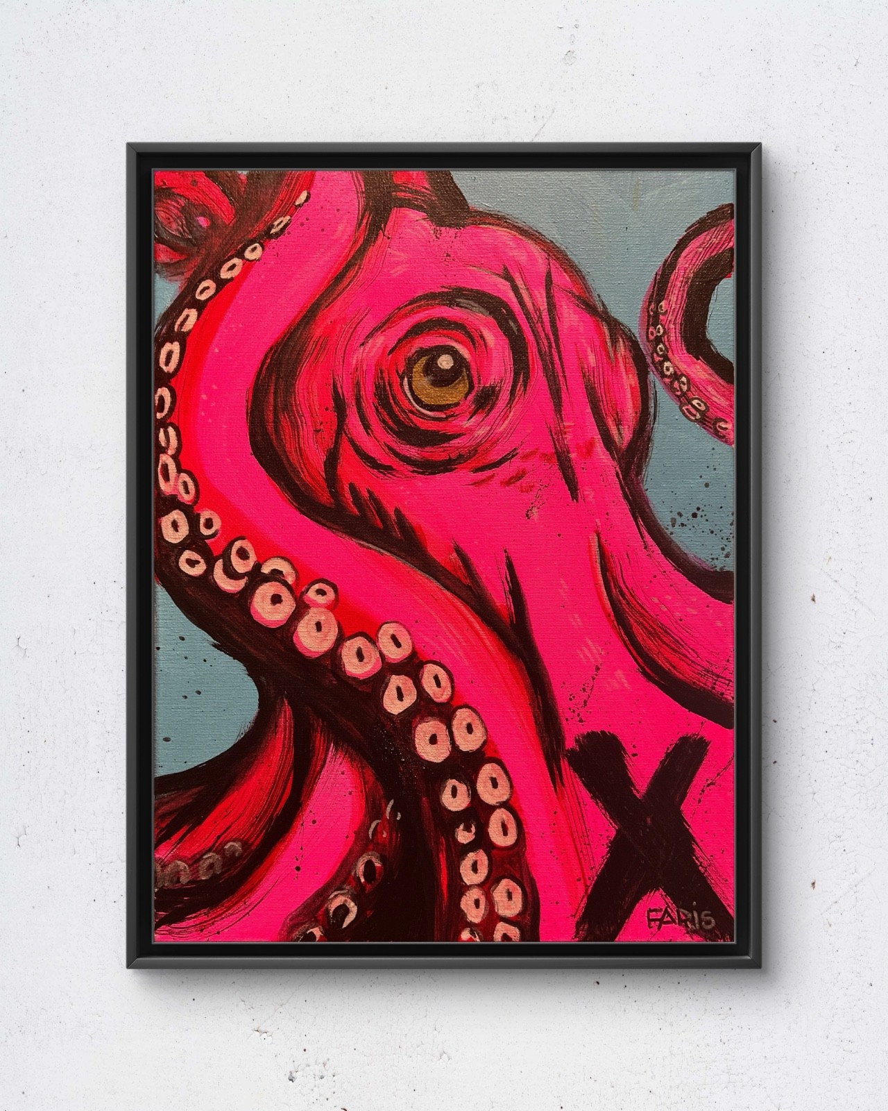 Faris Original 12x16 Expressionist Pink Octopus Art Painting Signed Canvas