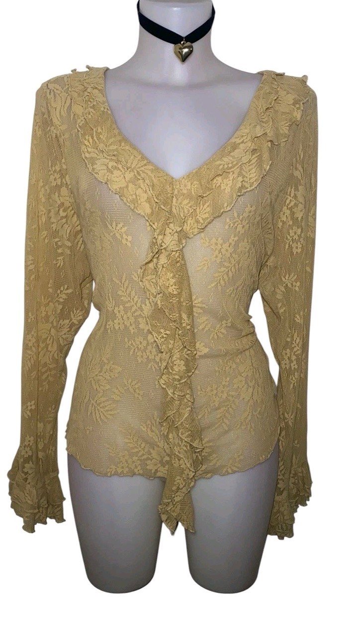 Y2k 90s Women Victorian Gold Lace Ruffle Sheer Top Sz 1X Whimsigoth Renaissance Y2k 90s Women Victorian Gold Lace Ruffle Sheer Top Sz 1X Whimsigoth Renaissance