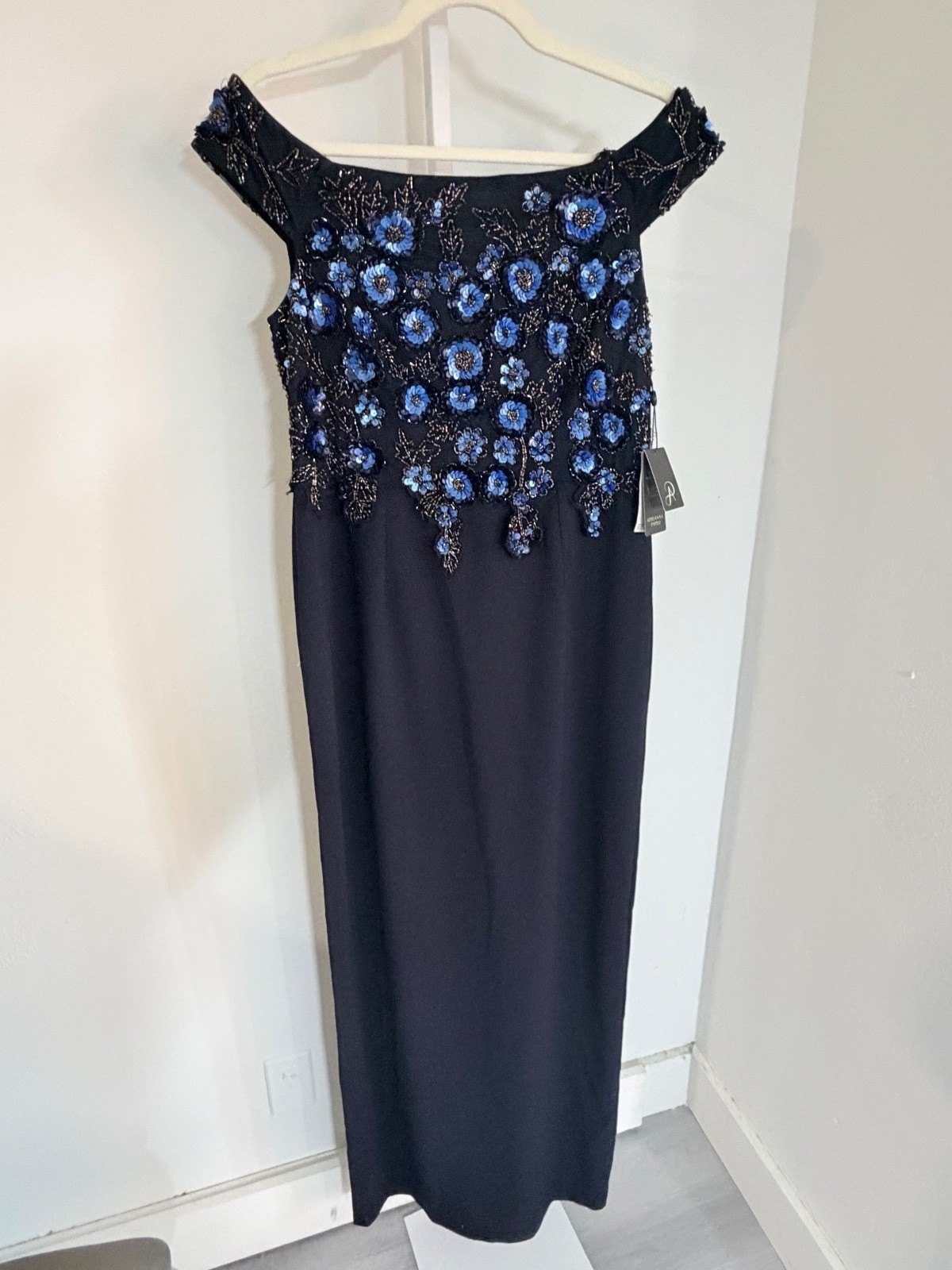NWT Adrianna Papell Elegant Black Evening Gown with Blue Floral Embroidery NWT Adrianna Papell Elegant Black Evening Gown with Blue Floral Embroidery