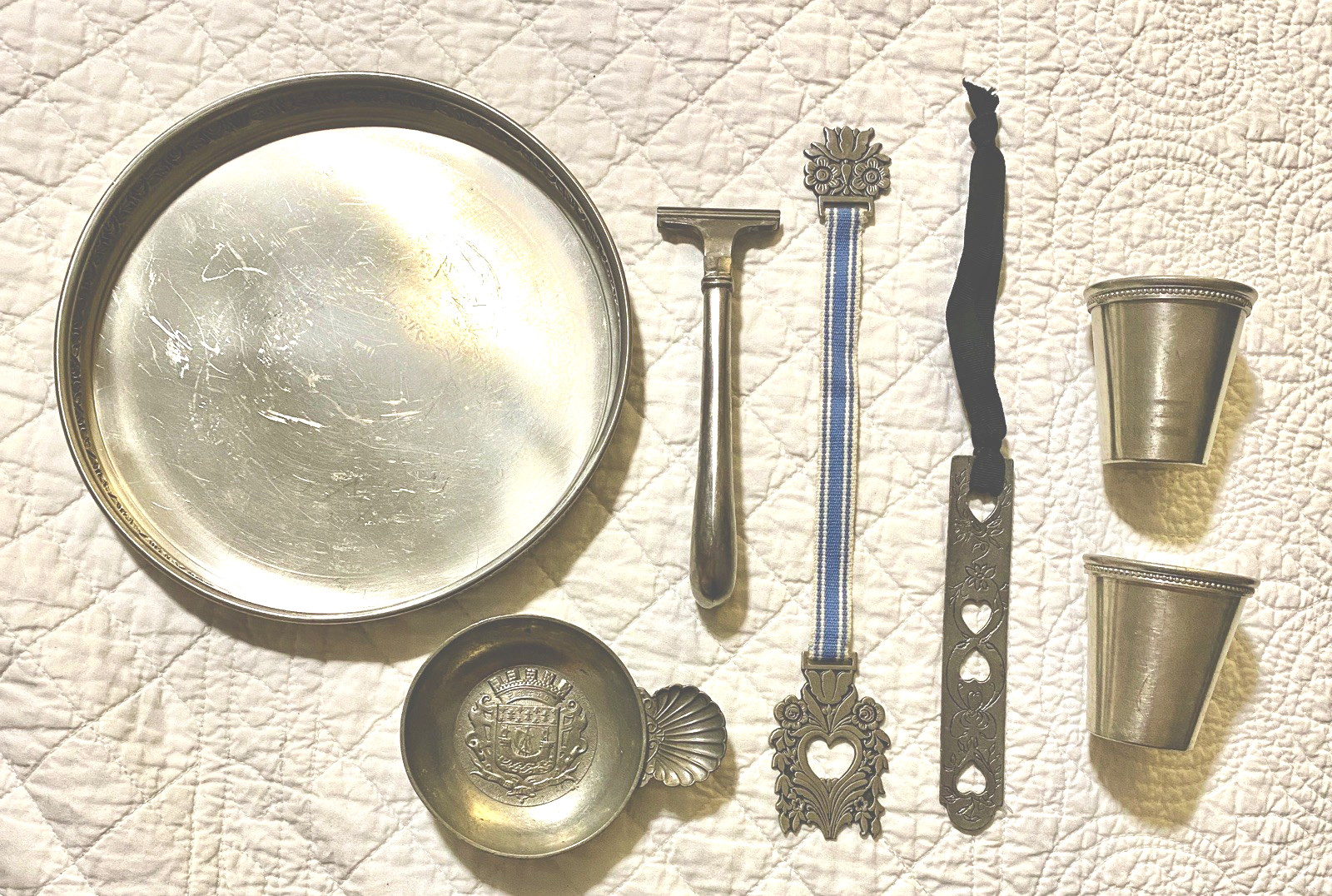 Vintage Pewter LOT Rose Tray Razor Shot Glasses Bookmarks Shell Trinket Dish