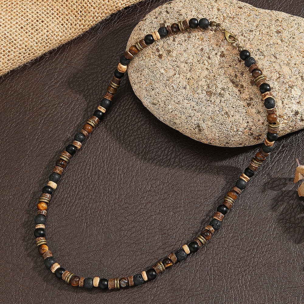 Mens Boho Necklace Tiger Eye Lava Stone Wood Beads Surfer Handmade Choker Mens Boho Necklace Tiger Eye Lava Stone Wood Beads Surfer Handmade Choker