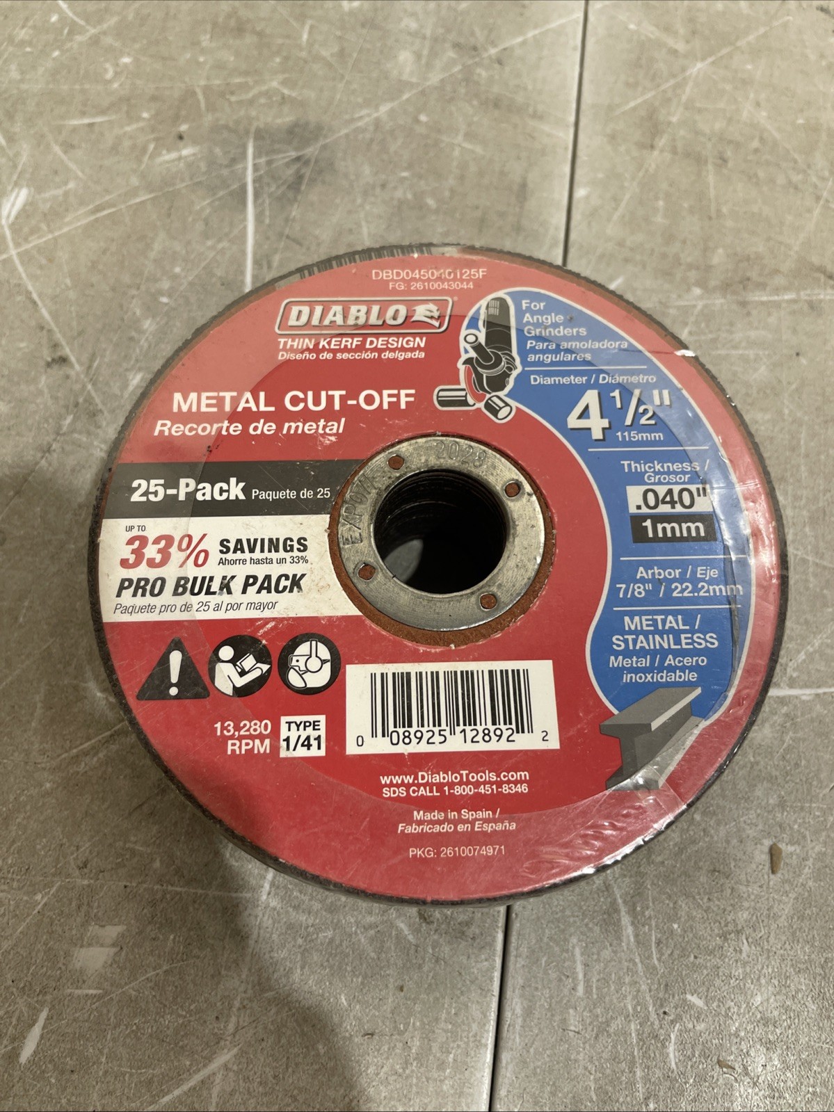 Diablo DBD045040125F 4-1/2in x .040 x 7/8 Metal Cut Off Disc Type 1 25Pk