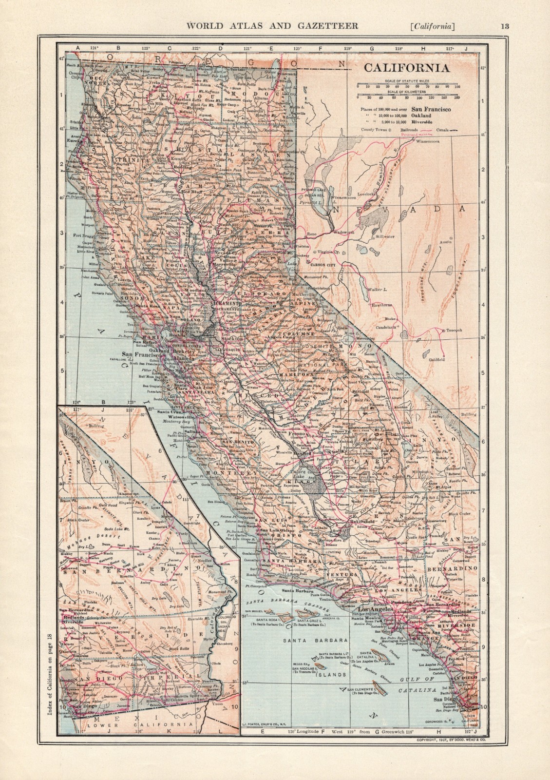 1907 Antique CALIFORNIA MAP Vintage State Map of California Wall Decor 3239