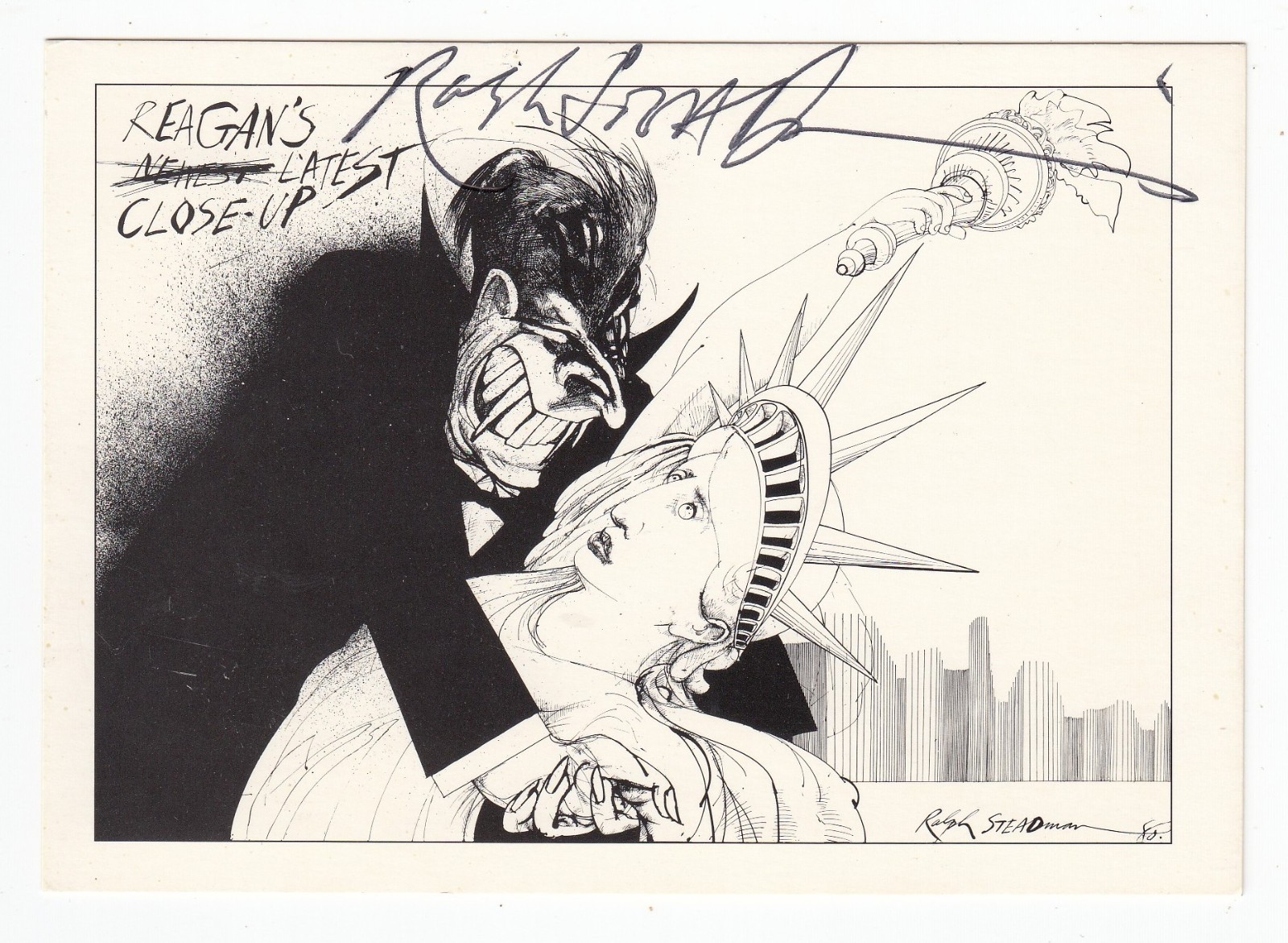 Ralph Steadman Cartoonist SIGNED AUTOGRAPHED Postcard Ronald Reagan 1983