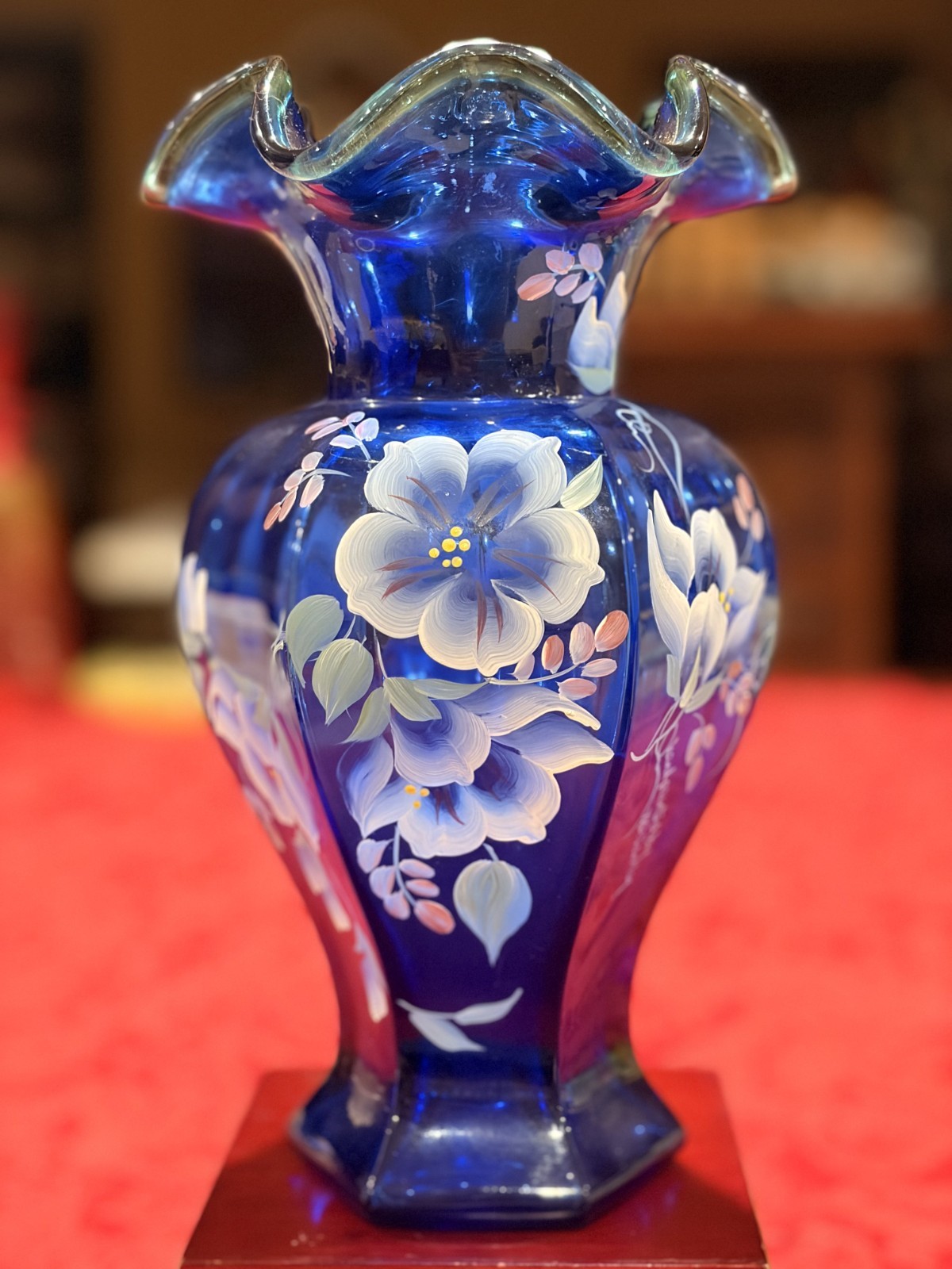 Fenton 75th Annv Cobalt Blue Hexagonal Celebration Vase 1998 Ex Cond Signed 9.5\
