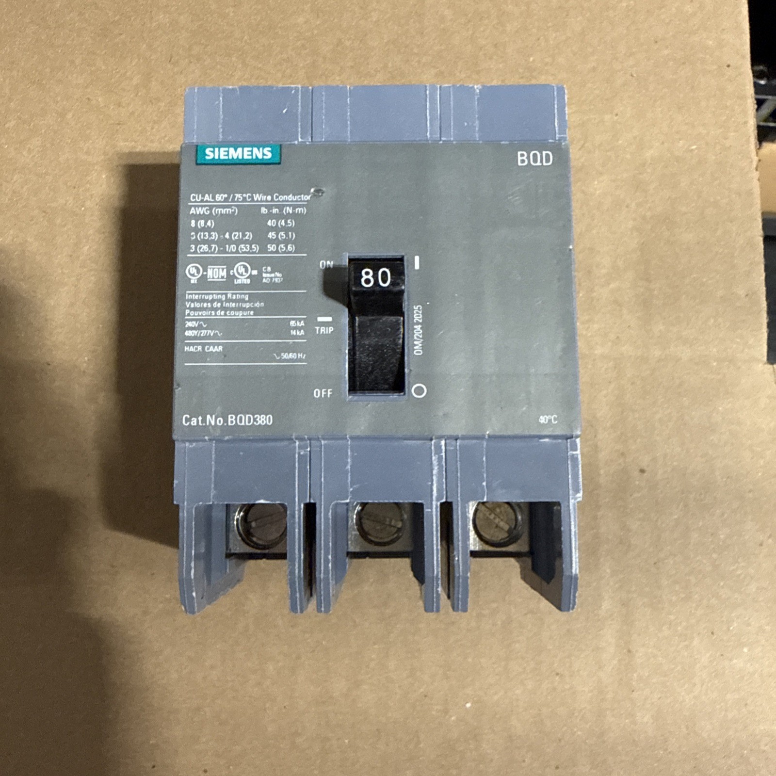 BQD380 - Siemens 80 Amp 3p 480 Volt Bolt-On Molded  Circuit Breaker 