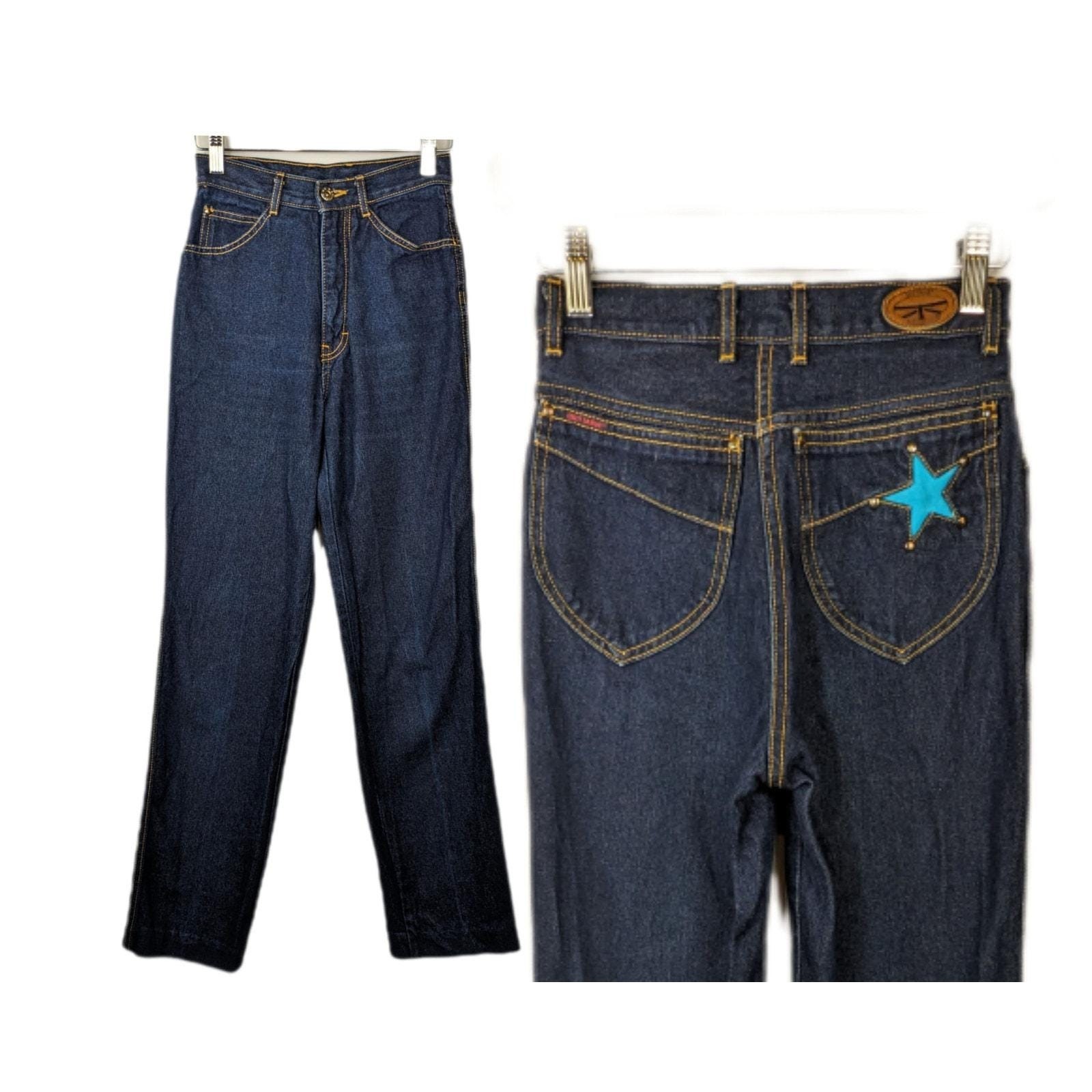 Vintage 1970s Brittania Dark Wash High Waisted Straight Leg Jeans Star Pocket