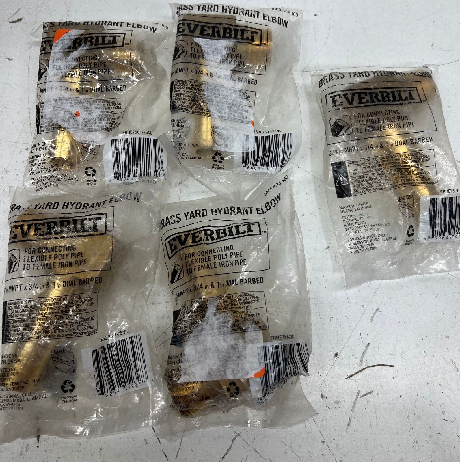 5pk Everbilt 3/4 in.MPT x 3/4 in. to 1 in. Dual Barb Brass Hydrant Elbow Fitting