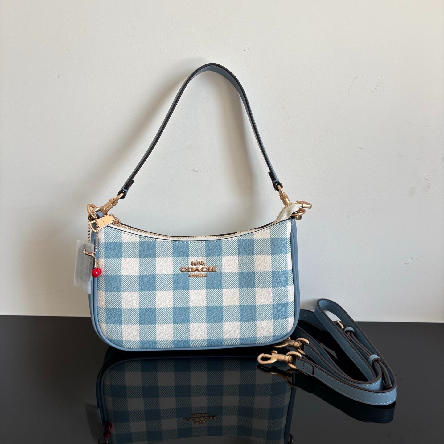 NWT CES65 Gingham Print Jacquard Crossbody Shoulder Bag Blue White NWT CES65 Gingham Print Jacquard Crossbody Shoulder Bag Blue White