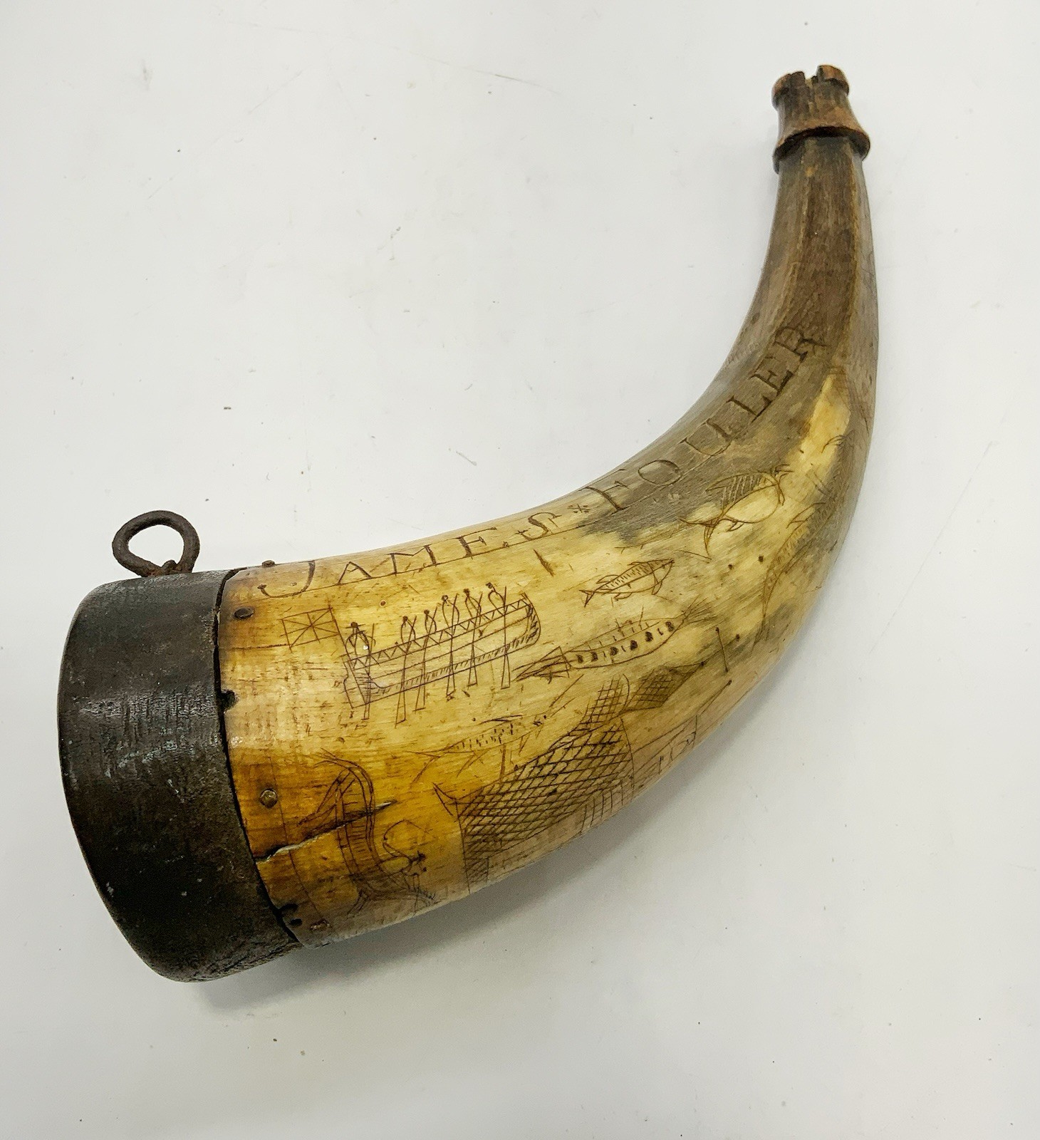 Early 19th century folk art decorated powder horn dated 1815  I’D