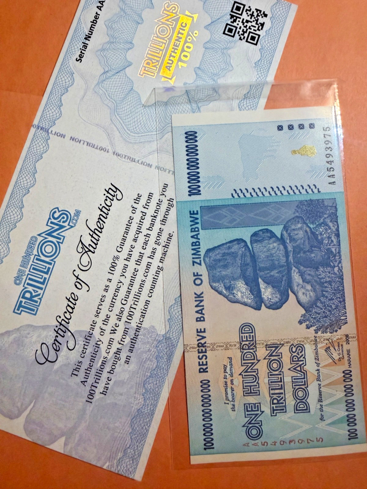 Zimbabwe 100 Trillion Dollars, AA/2008 Banknote, UNC Superb GEM 70, P-91, COA