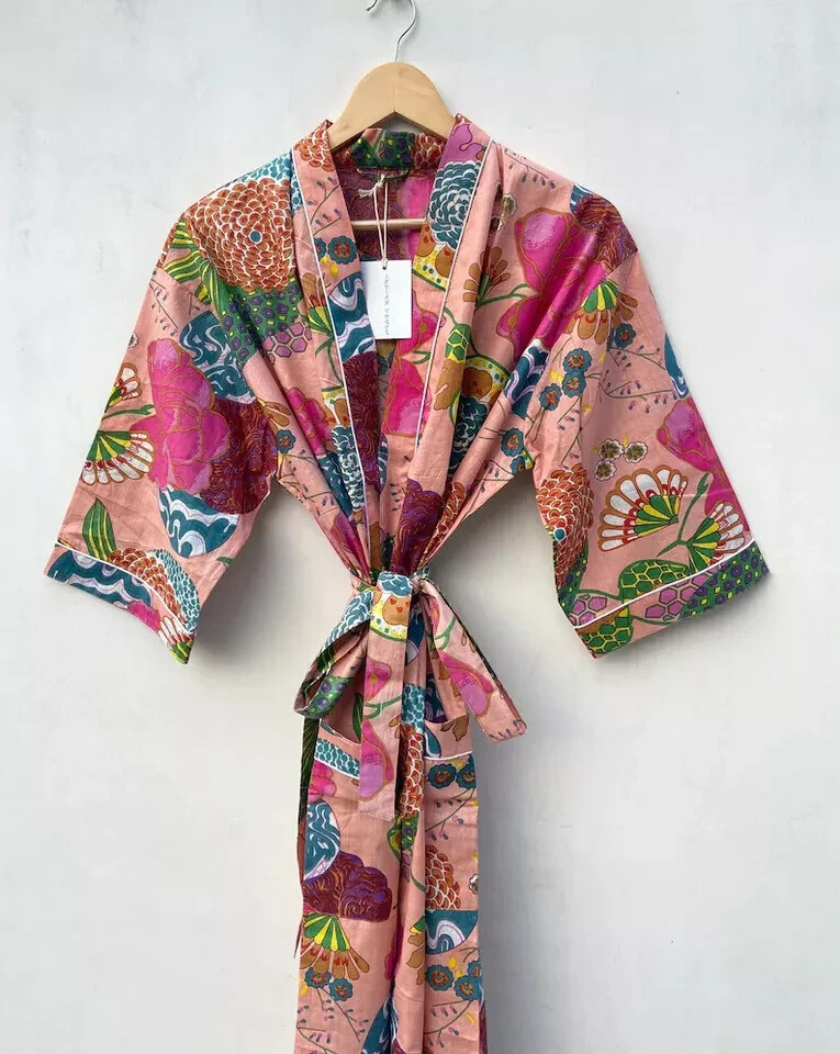 1PCs Indian Floral  Print 100% cotton robe gown Hippie women maxi kimono dresses