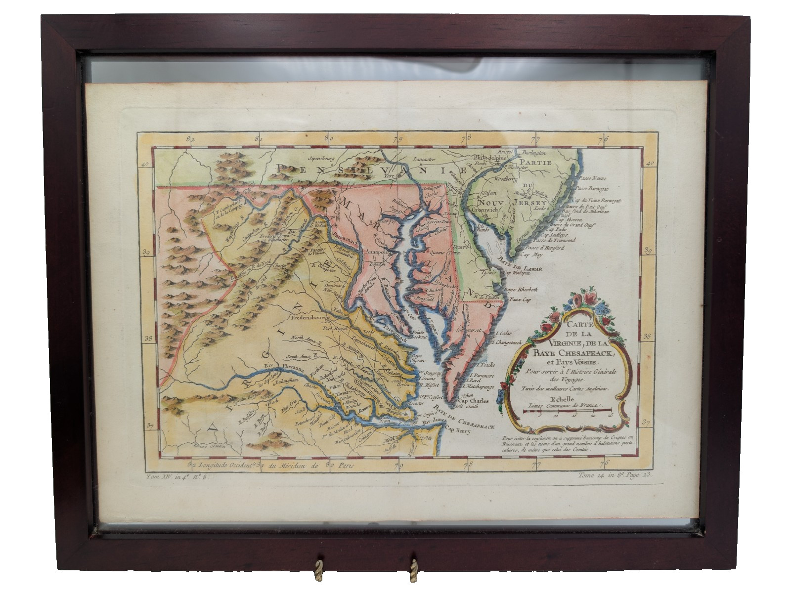 18thC French Antique Map Virginia Chesapeake Bay Prevost Voyages Hand Color