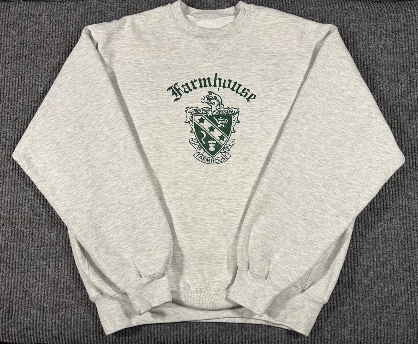 Vintage 90s Fraternity Sweatshirt Mens XL Farmhouse Crest Russel Made USA Gray