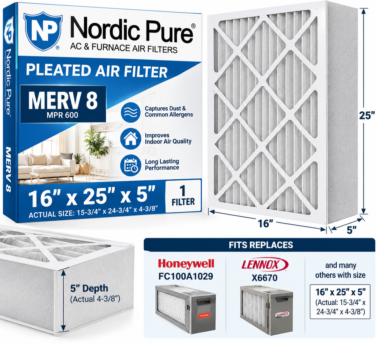 Nordic Pure 16x25x5 Pleated Air Filter MERV 8 Honeywell FC100A1029 Lennox X6670 Nordic Pure 16x25x5 Pleated Air Filter MERV 8 Honeywell FC100A1029 Lennox X6670