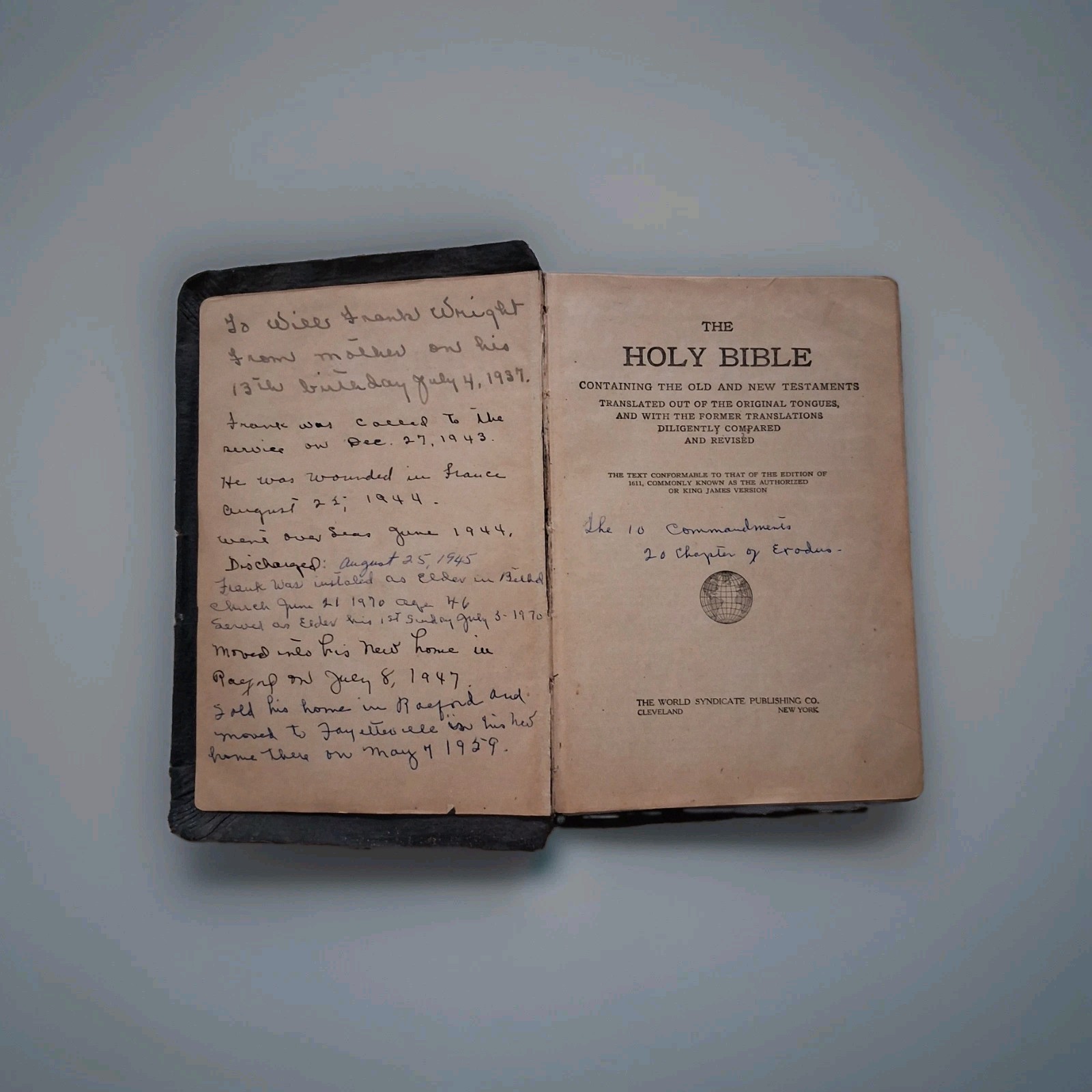 Vintage 1930s World Syndicate Holy Bible WWII Wounded Veteran History Inscribed
