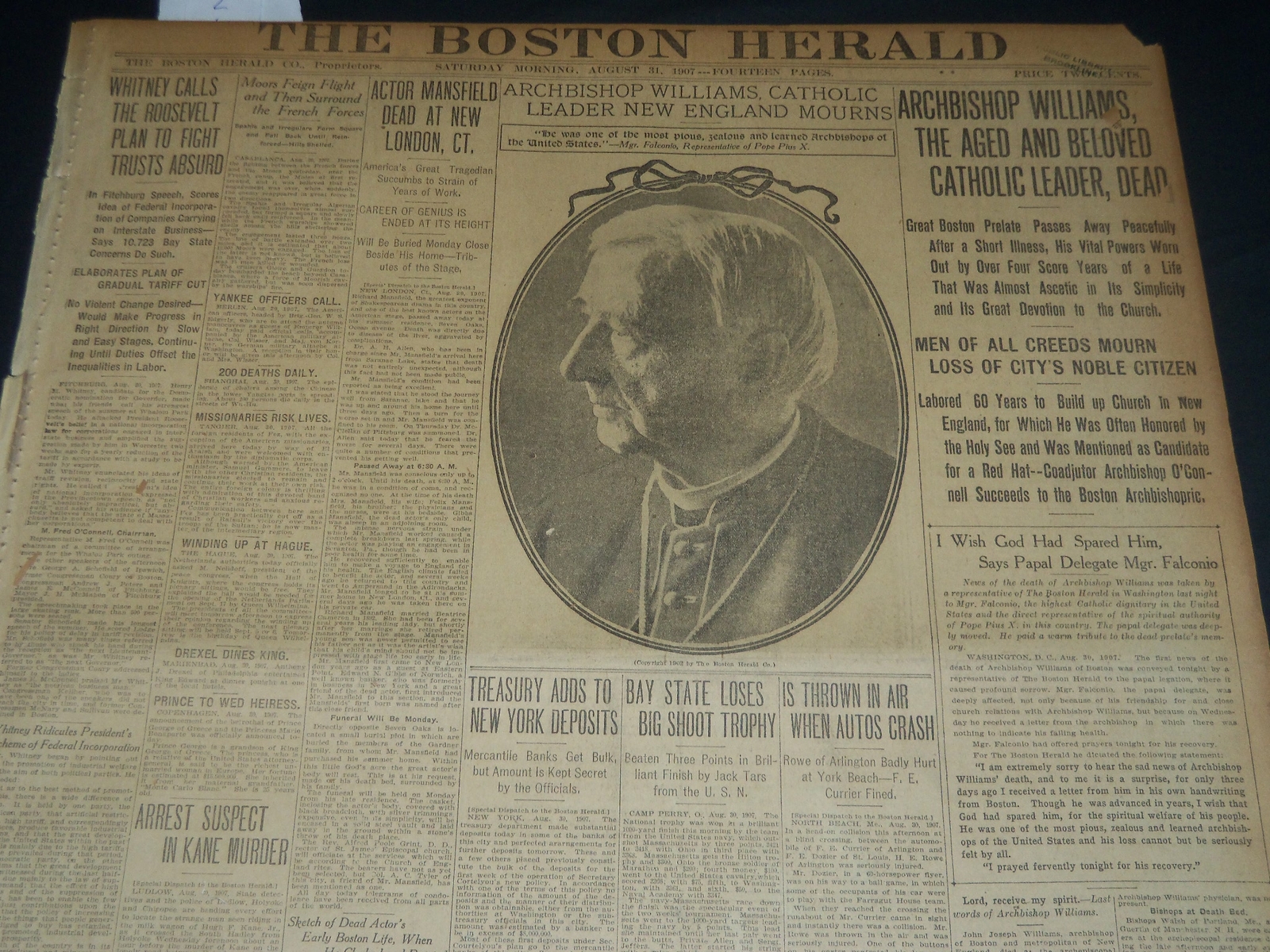 1907 AUGUST 31 THE BOSTON HERALD - ARCHBISHOP WILLIAMS IS DEAD - BH 230