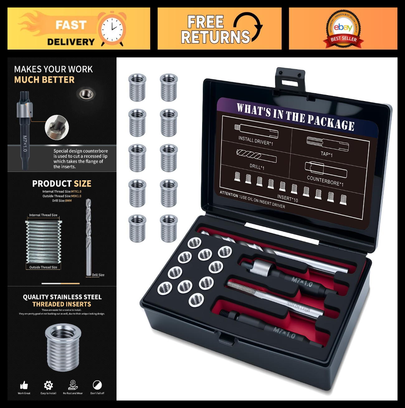 M7x1.0 Thread Repair Kit - 10PCS Stainless Steel Inserts, HSS Drill & Tap Set M7x1.0 Thread Repair Kit - 10PCS Stainless Steel Inserts, HSS Drill & Tap Set