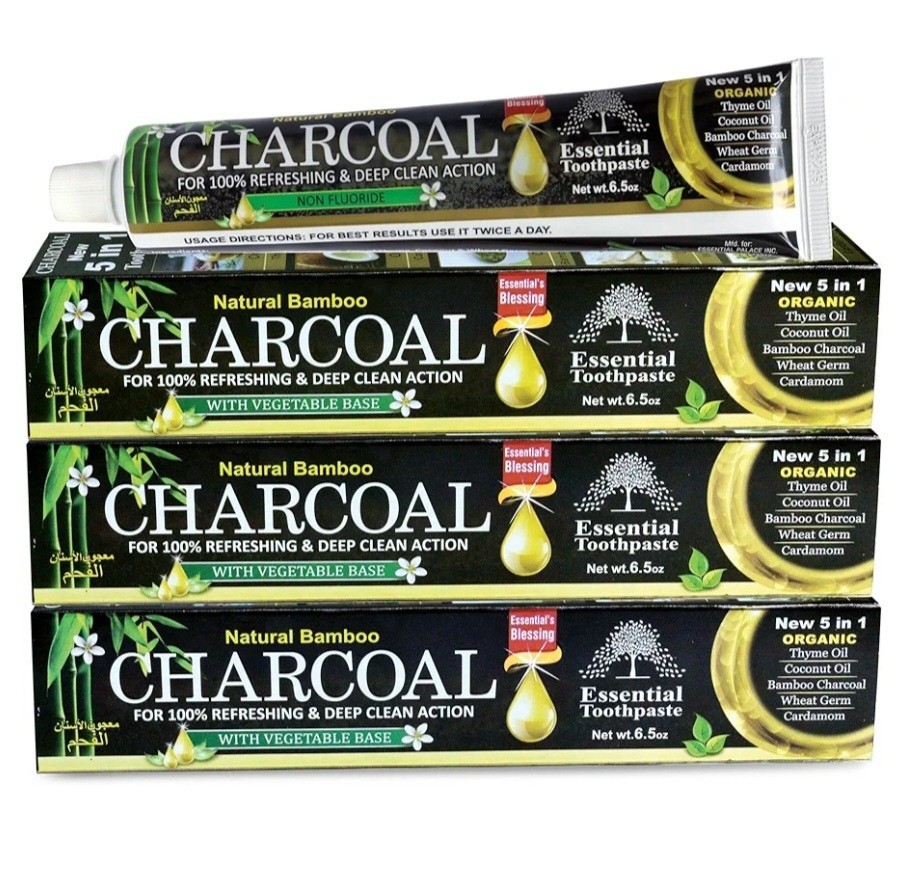 Charcoal Toothpaste Organic, Natural Bamboo, Fluoride Free, Vegan, 5 IN 1, 3 PK
