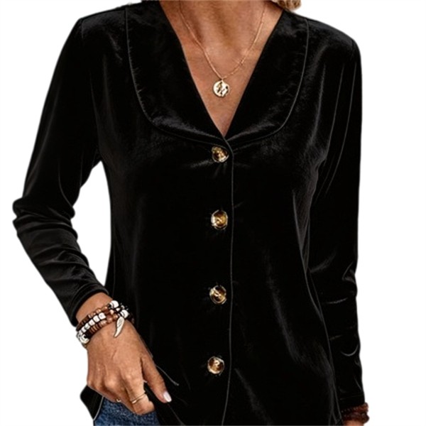 Women Velvet Lapel Collar Blouse Long Sleeve V-Neck Elegant Casual Shirt Top