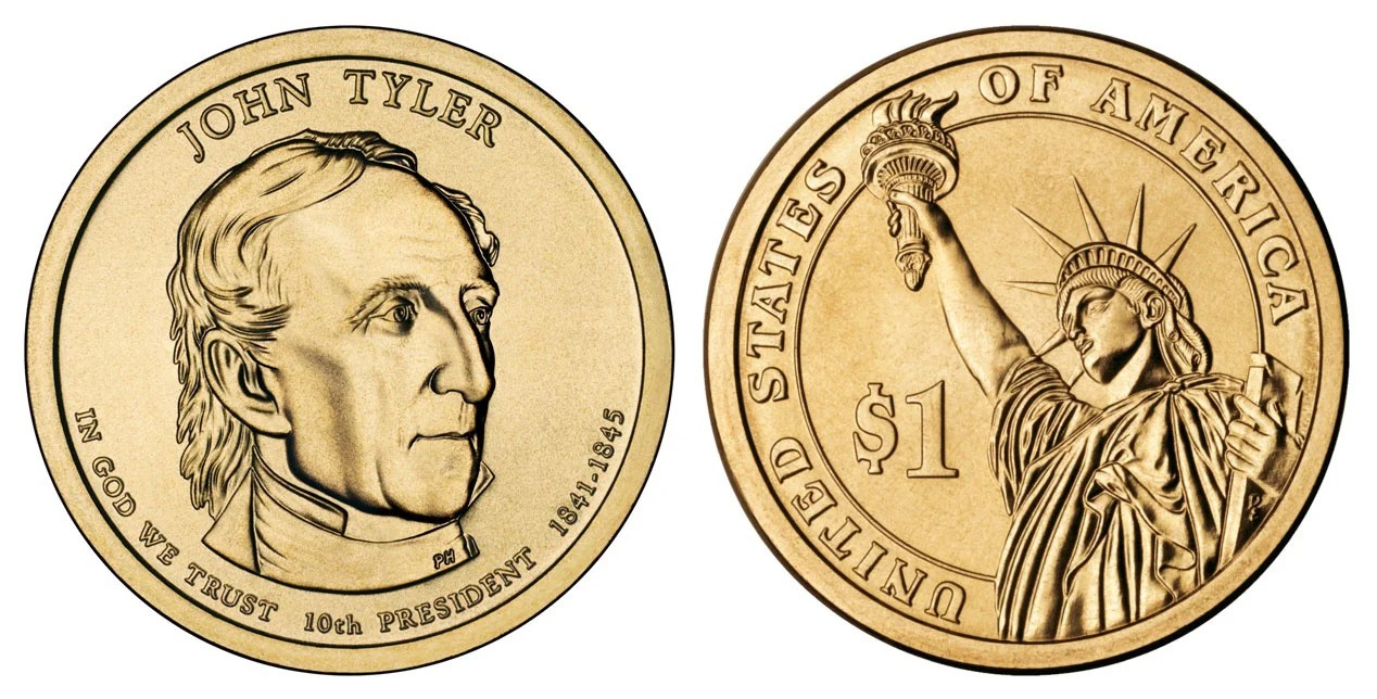 2009 P&D John Tyler Presidential $1 Golden Dollar Coin – Circulated/Shiny