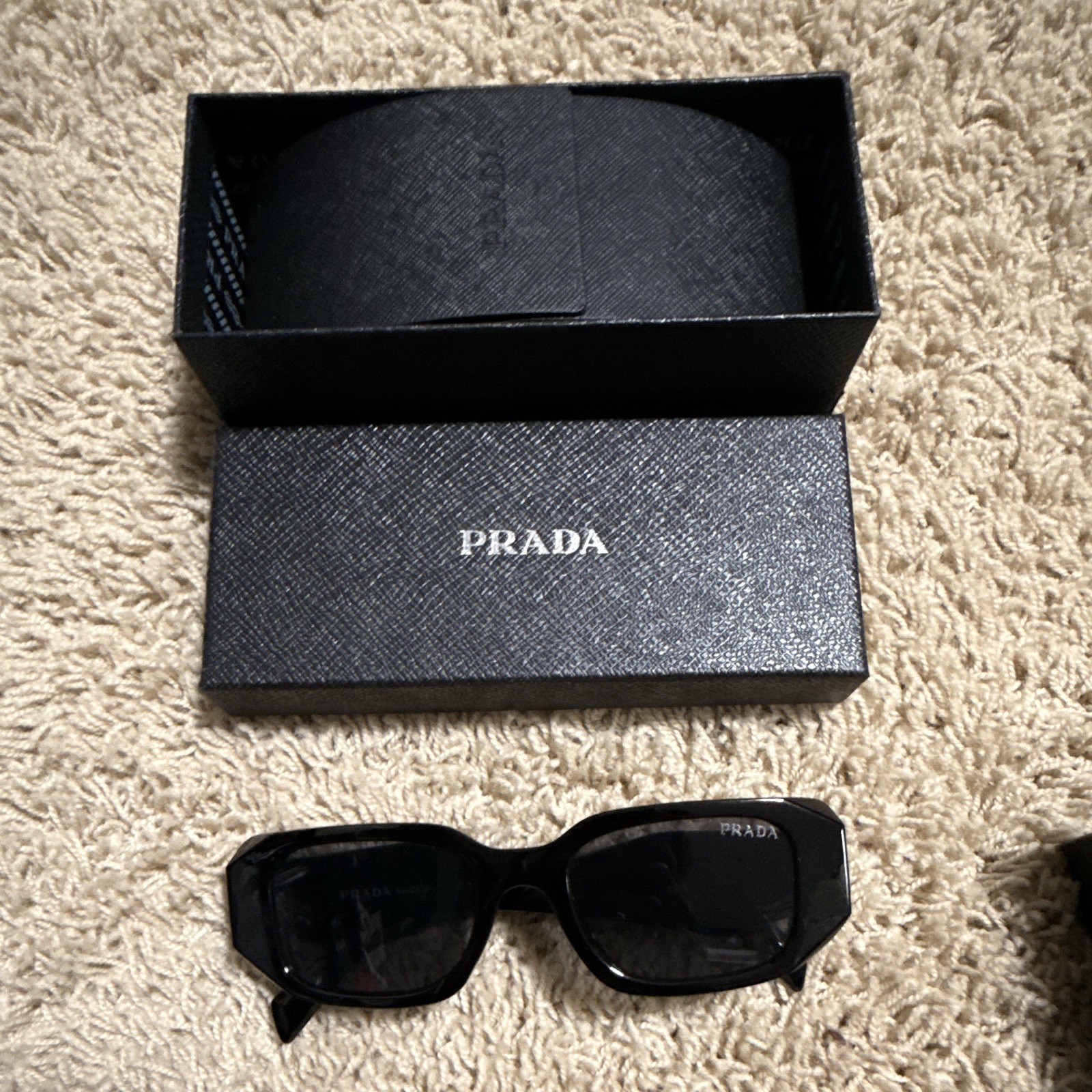 PRADA Prada Milano Rectangle Sunglasses Black Frame Black Tinted PRADA Prada Milano Rectangle Sunglasses Black Frame Black Tinted