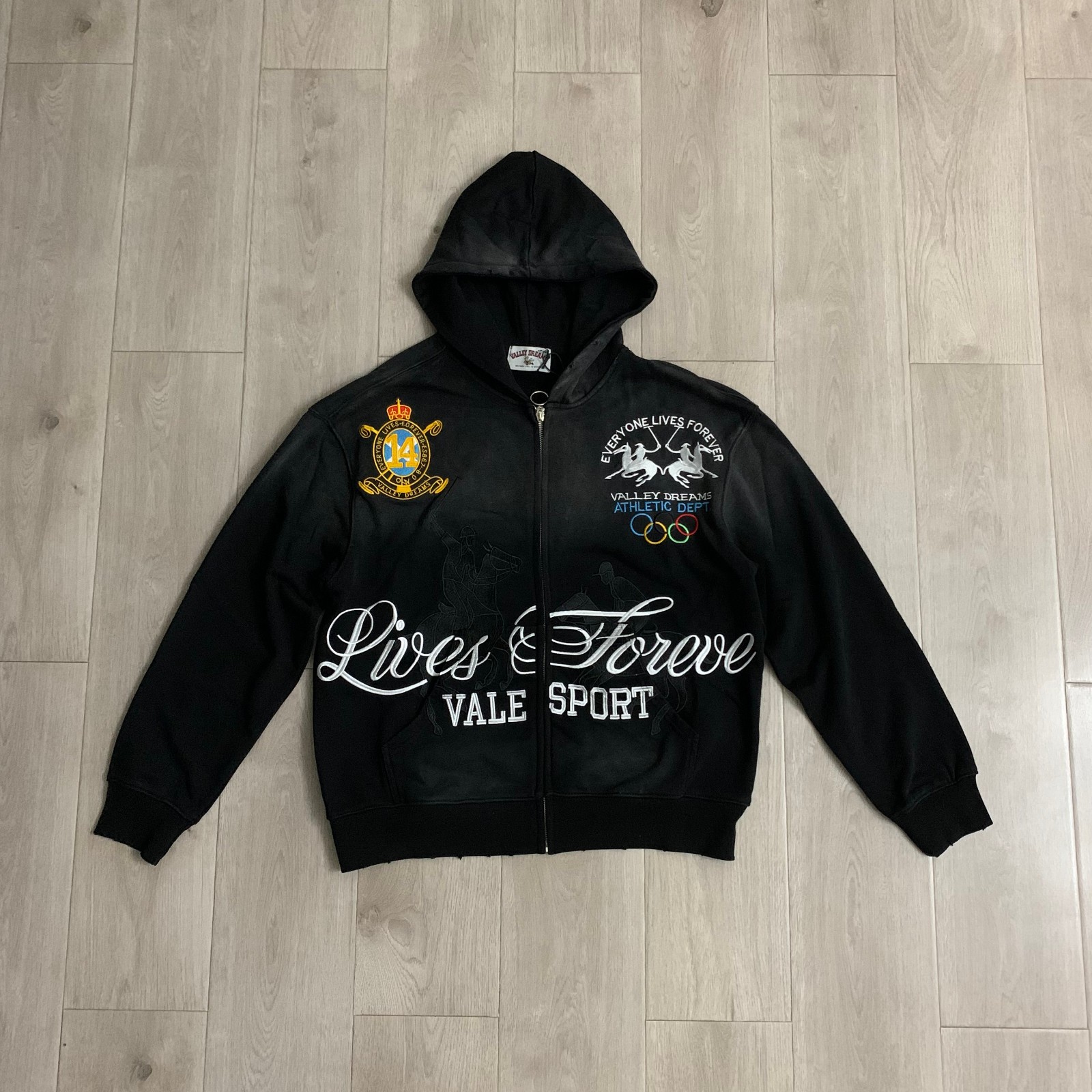 Vale Forever Zip Up Hoodie Faded Equestrian Horse Graphic Embroidered Jacket