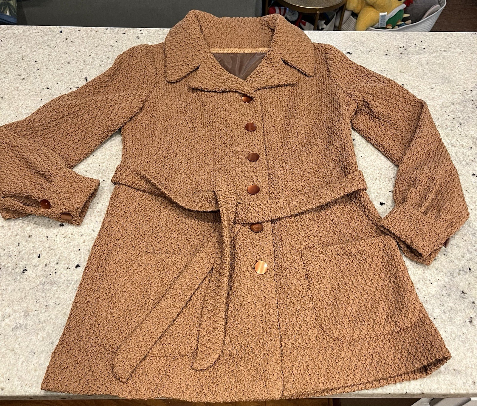 Vrg 1970s Carmel Brown Textured Belted Jacket Retro Car Coat Style Small Medium
