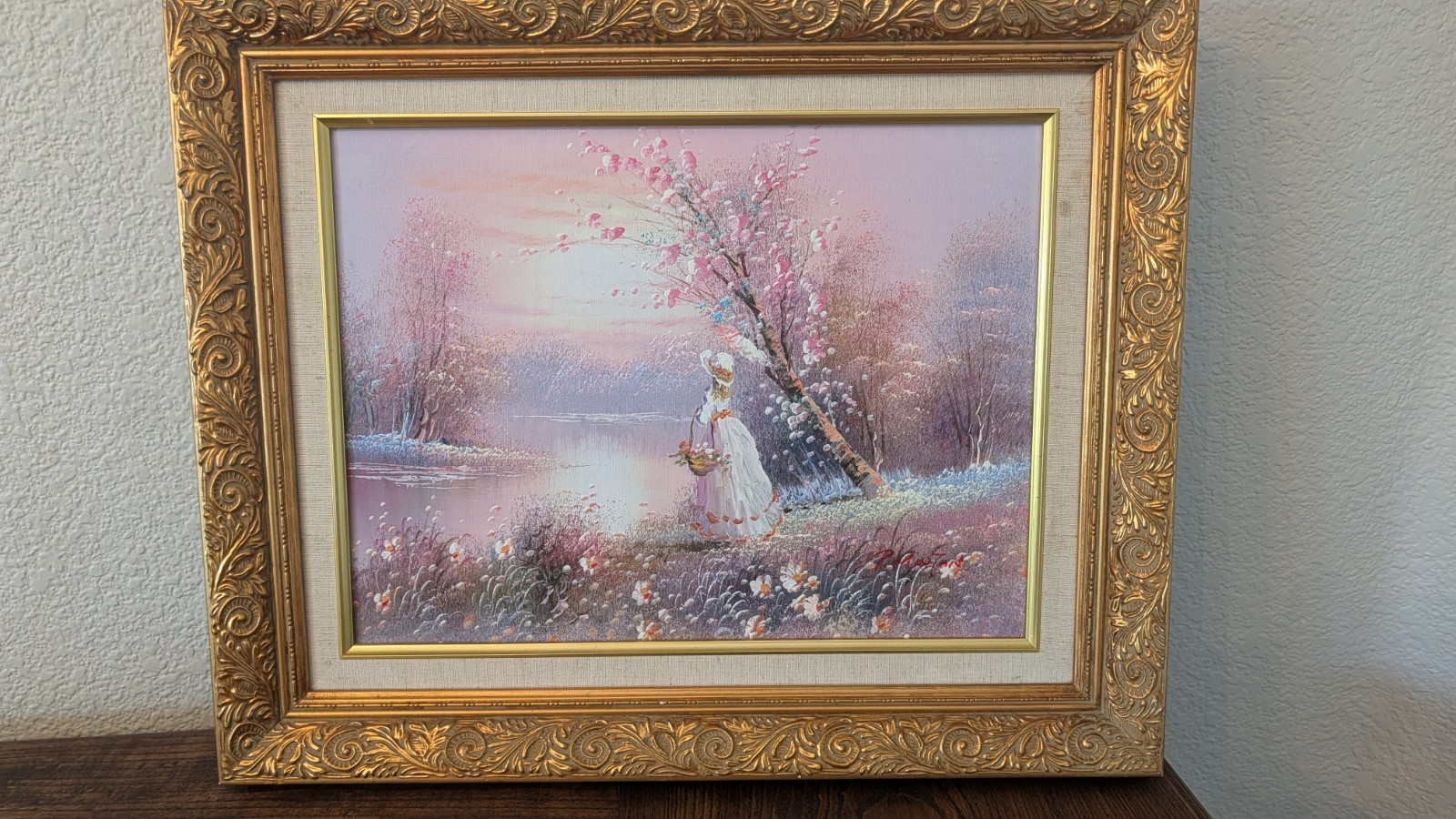 P. Minton Original Oil Painting Lady by Lake Framed Impressionist Signed