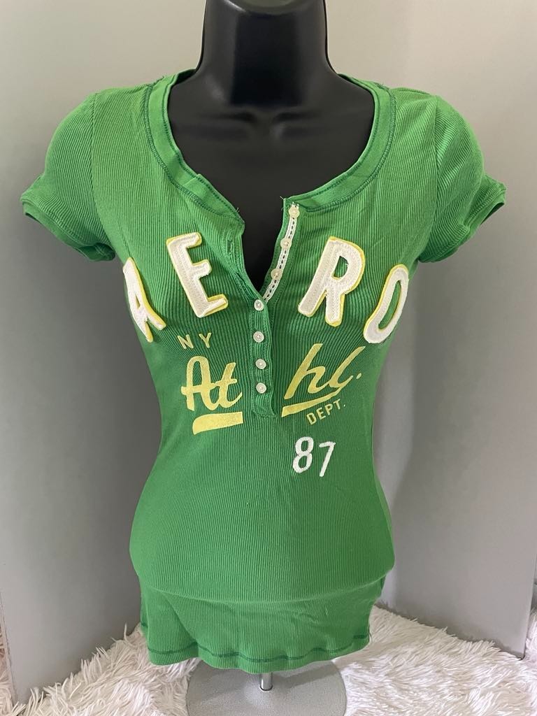 NWT Y2K AEROPOSTALE VNeck Short Sleeve Ribbed Henley Juniors/Women Green/Yellow
