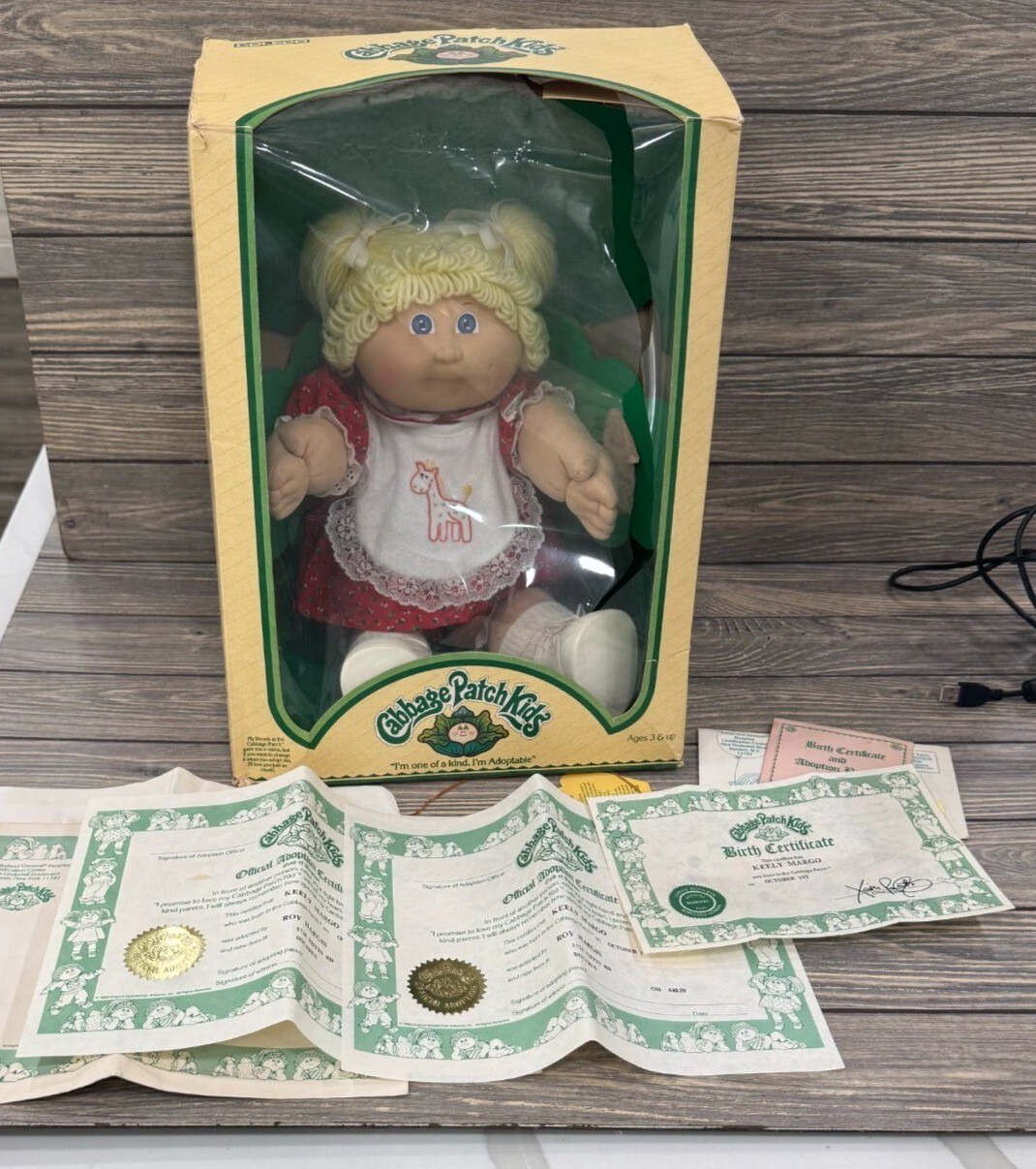 Vtg Cabbage Patch Kids Doll Blonde Hair Blue Eyes Keely Margo Box Papers