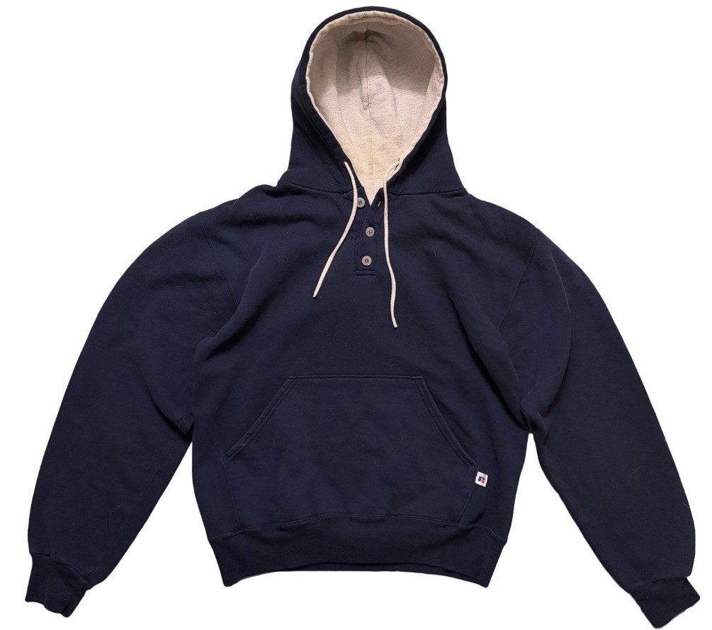 Vintage 1990s Navy Blue Russell Athletic Henley Hooded Sweatshirt Size Medium