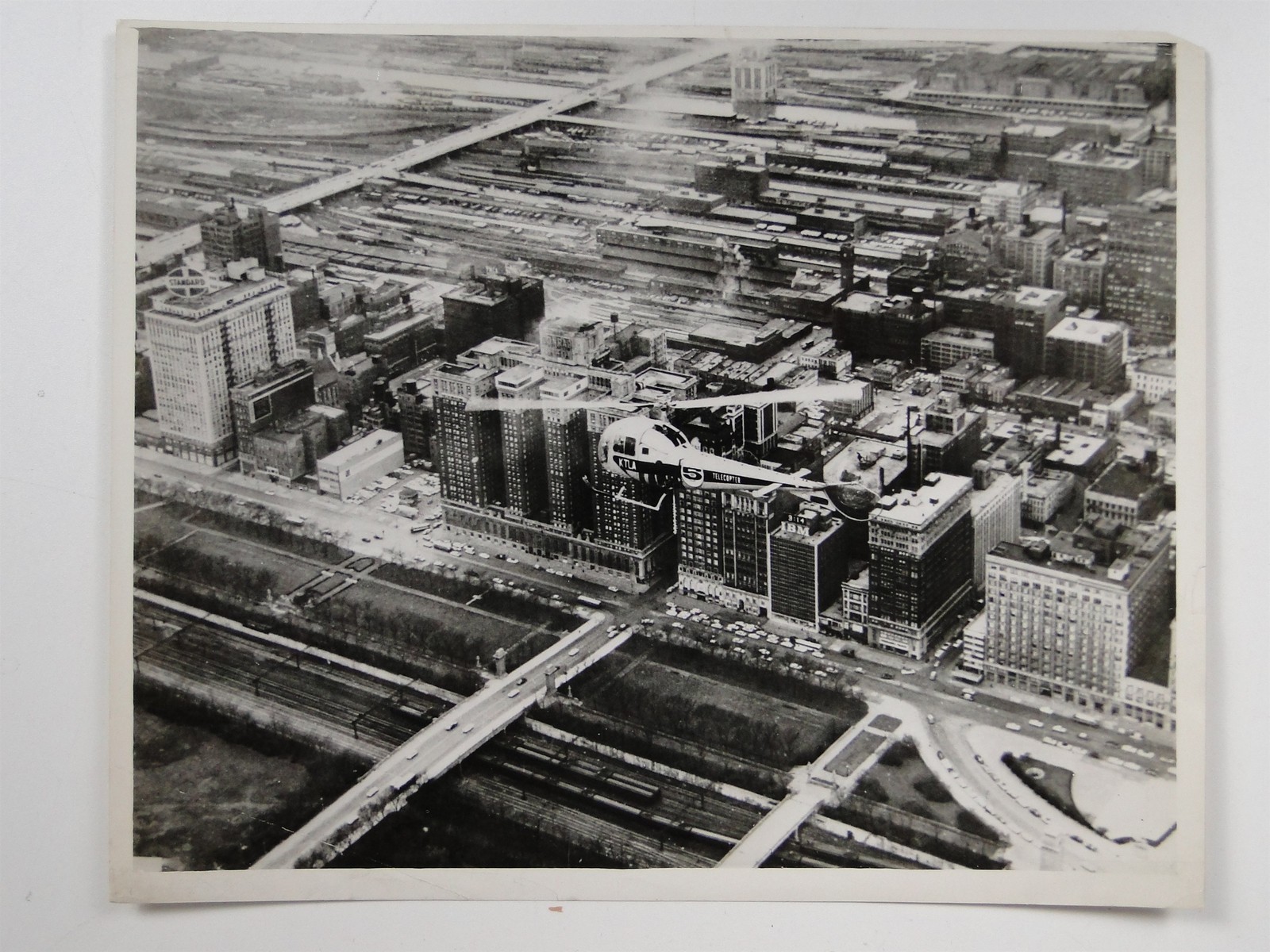KTLA 5 Telecopter Helicopter Chicago Skyline Aerial View 1959 VTG Press Photo