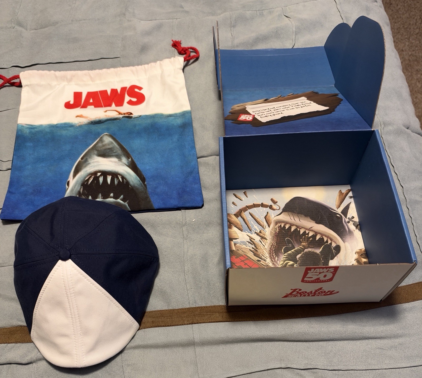 Boston Scally Co. m/l JAWS 50th Anniversary cap, box, and bag Boston Scally Co. m/l JAWS 50th Anniversary cap, box, and bag