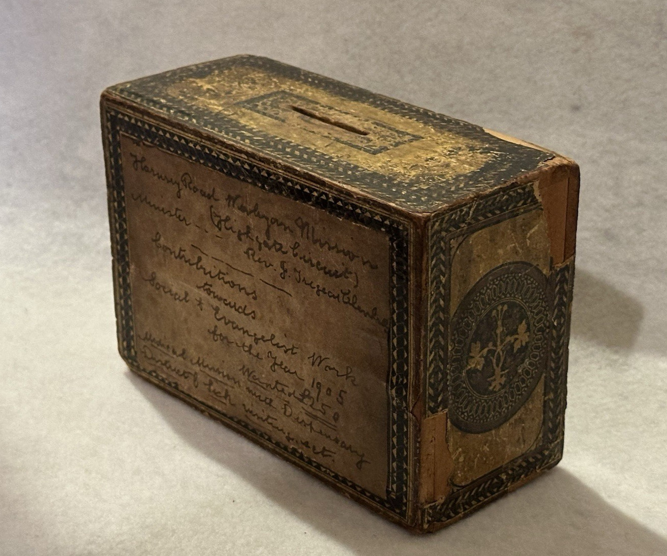 1878 Wood Church Collection Box for Missions Applied Paper w Handwritten Details 1878 Wood Church Collection Box for Missions Applied Paper w Handwritten Details