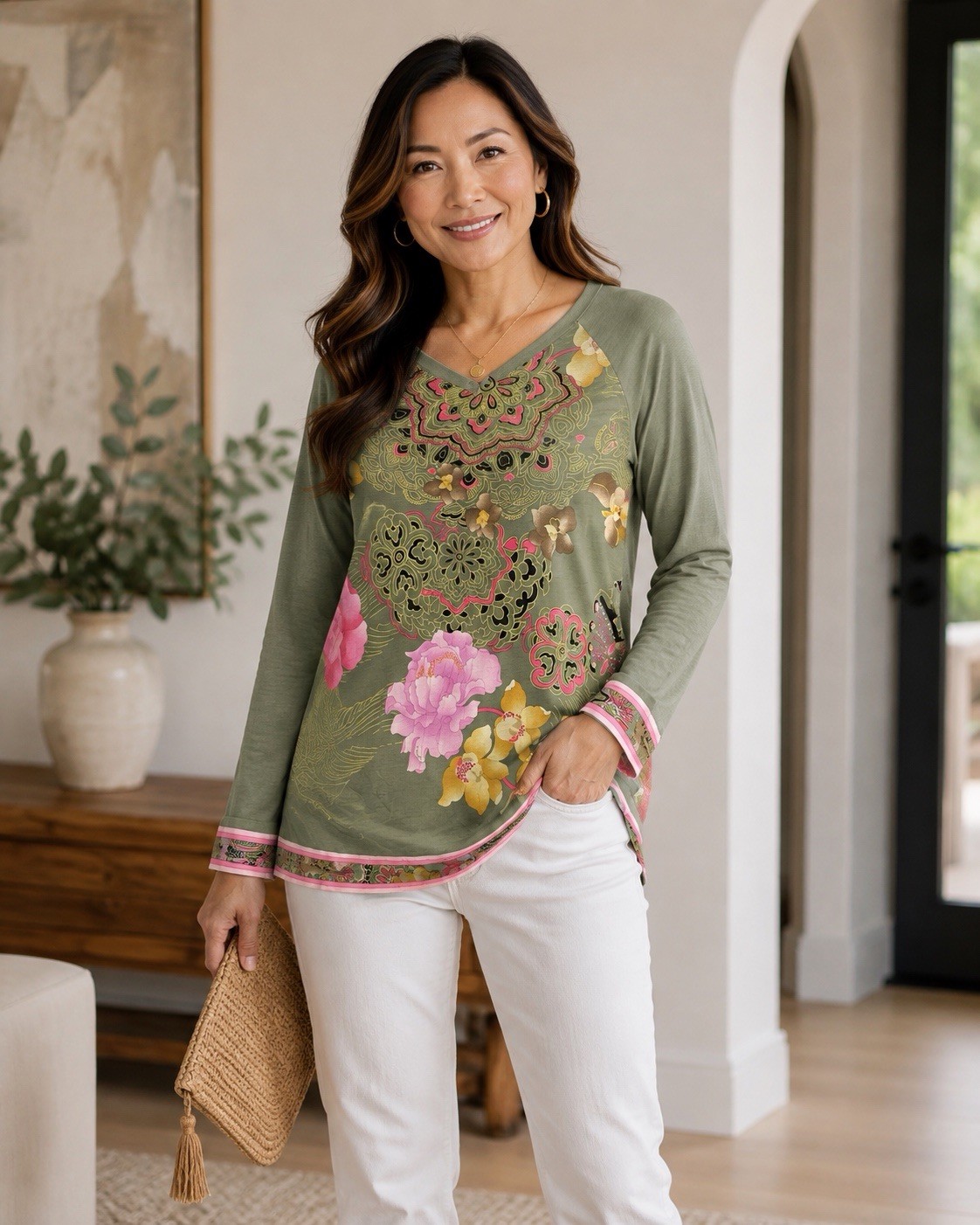 Leonard Fashion Women’s Green Pink Floral Tunic Top US 10 FR44 Silk And Wool Leonard Fashion Women’s Green Pink Floral Tunic Top US 10 FR44 Silk And Wool