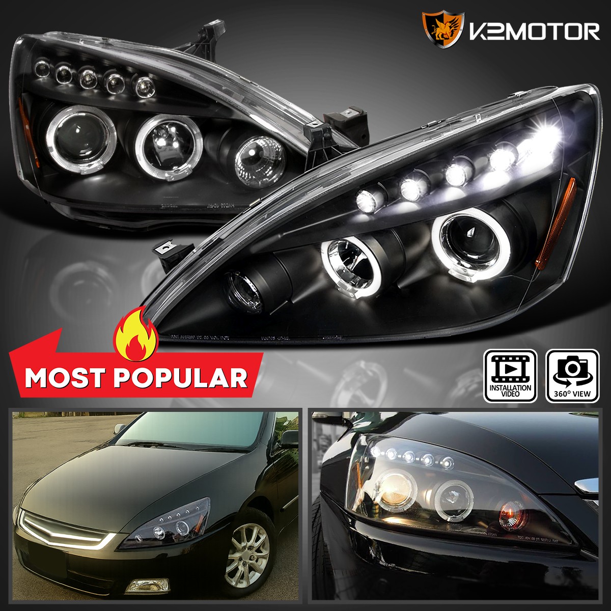 Black Fits 2003-2007 Honda Accord LED Halo Projector Headlights Lamps Left+Right